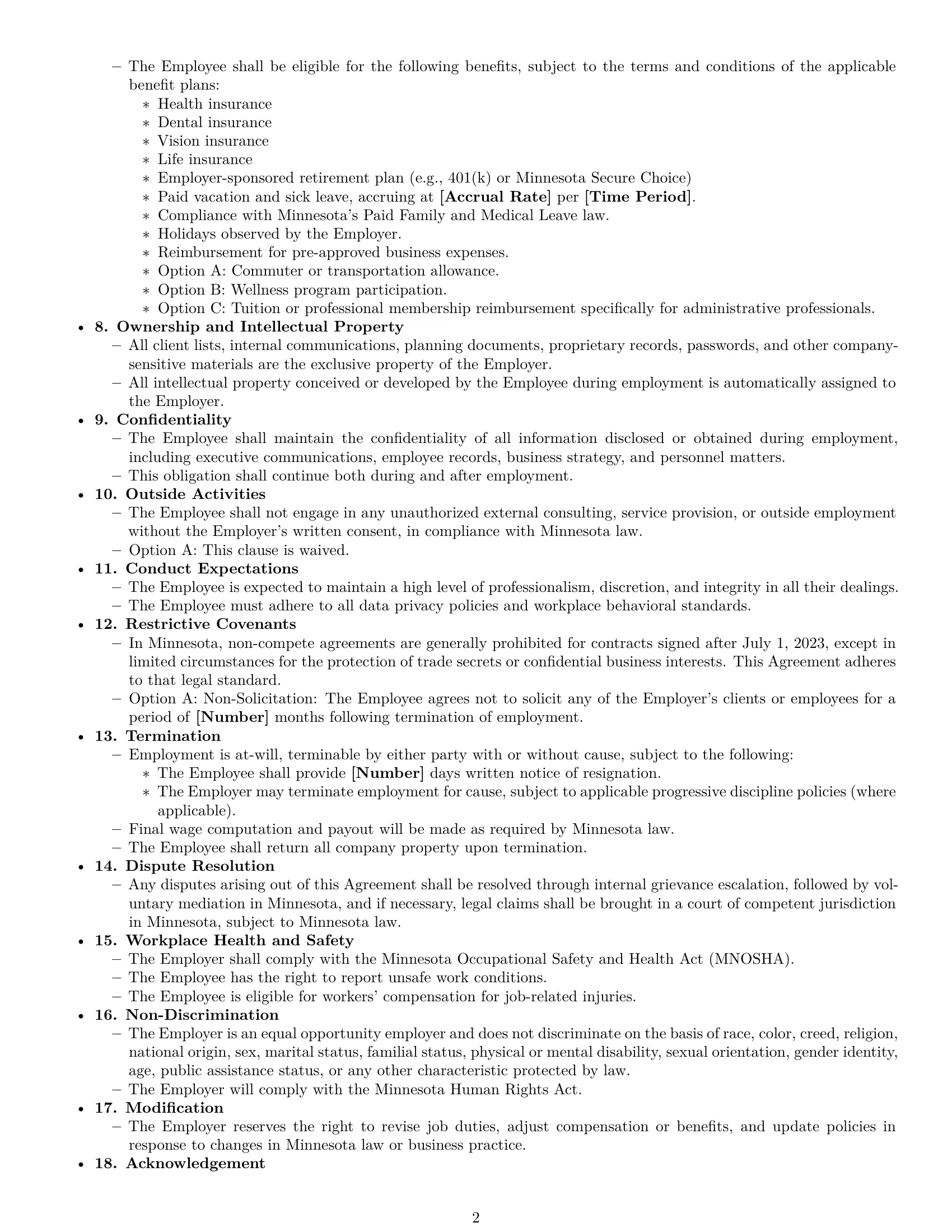 Preview page 2 of Free Minnesota executive assistant employment contract template