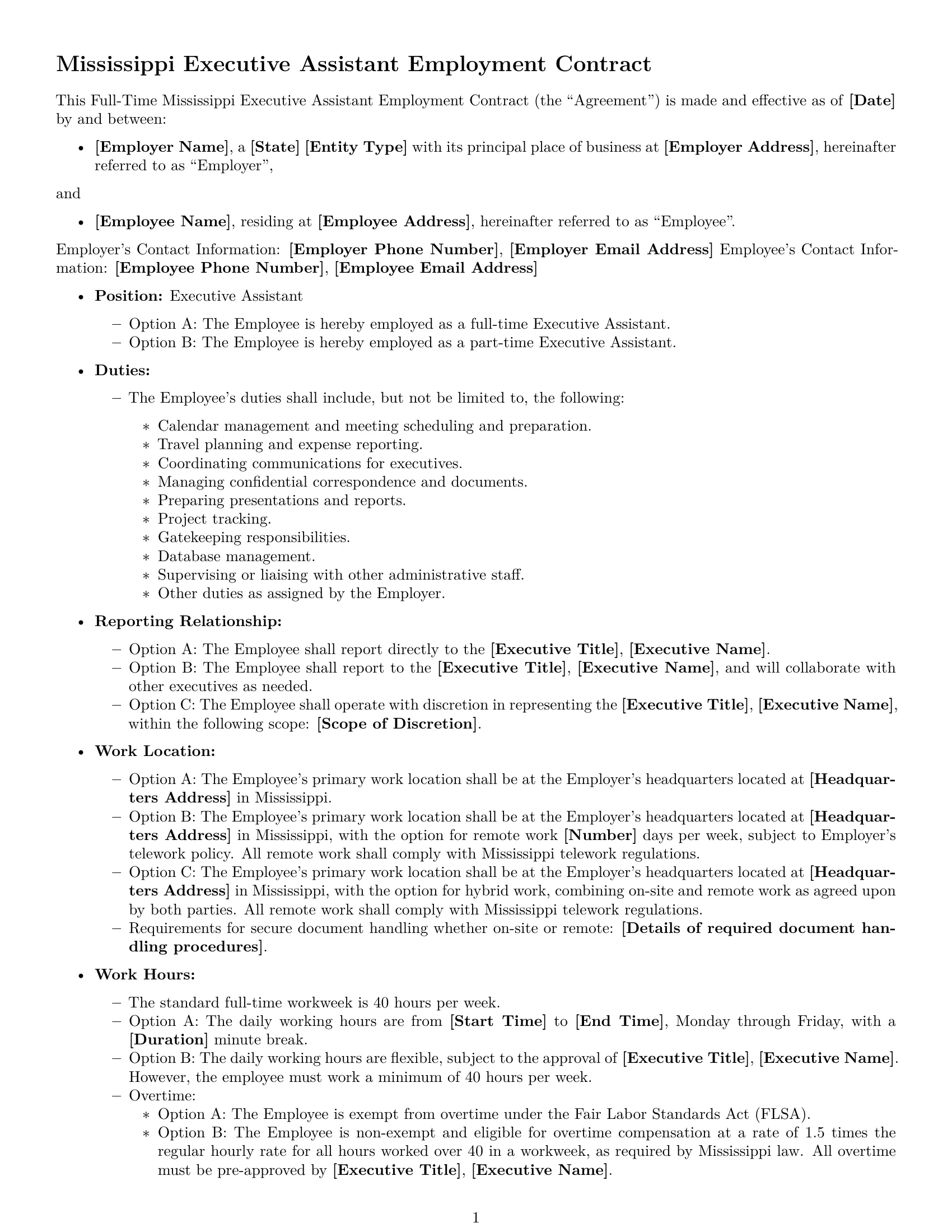 Preview page 1 of Free Mississippi executive assistant employment contract template