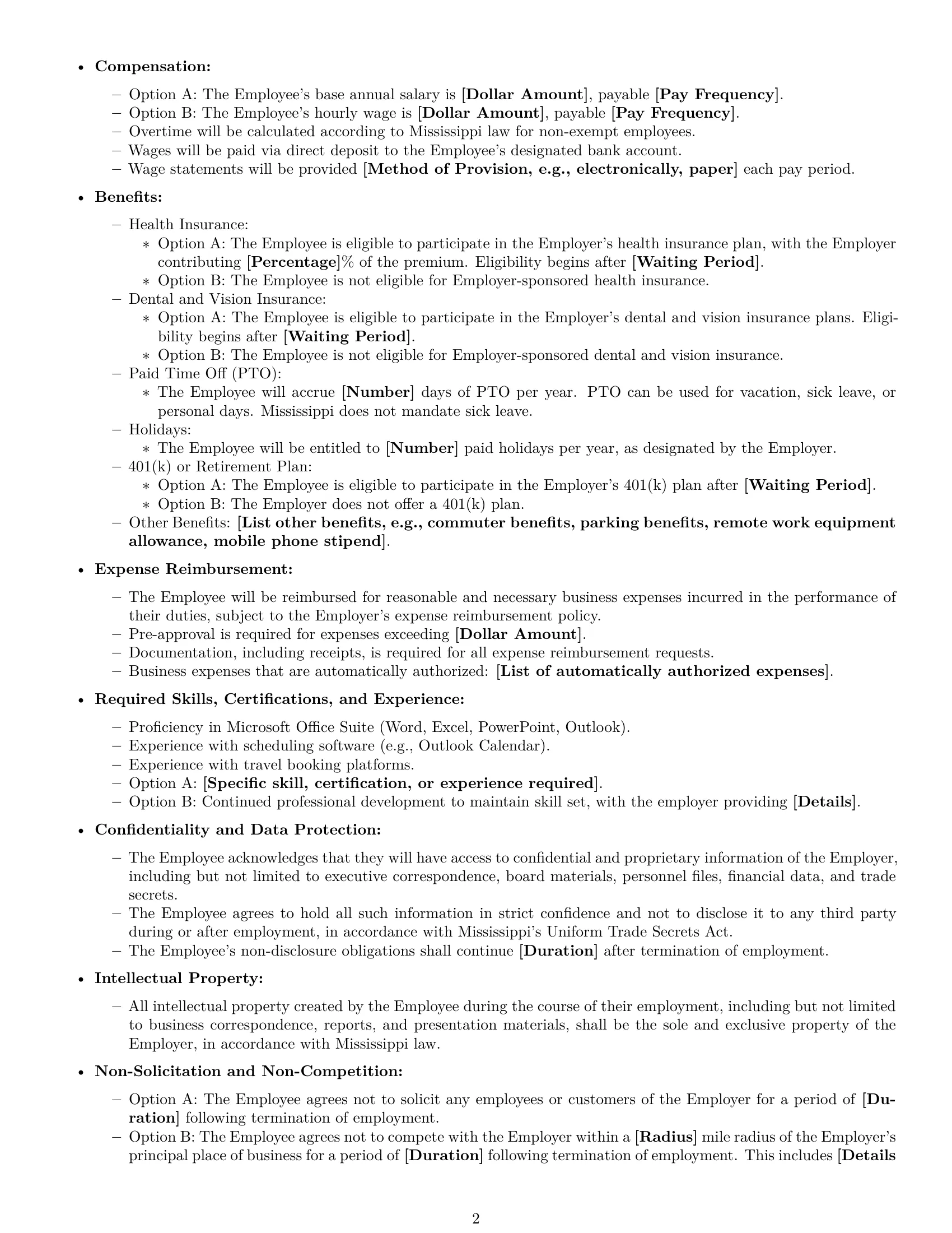 Preview page 2 of Free Mississippi executive assistant employment contract template