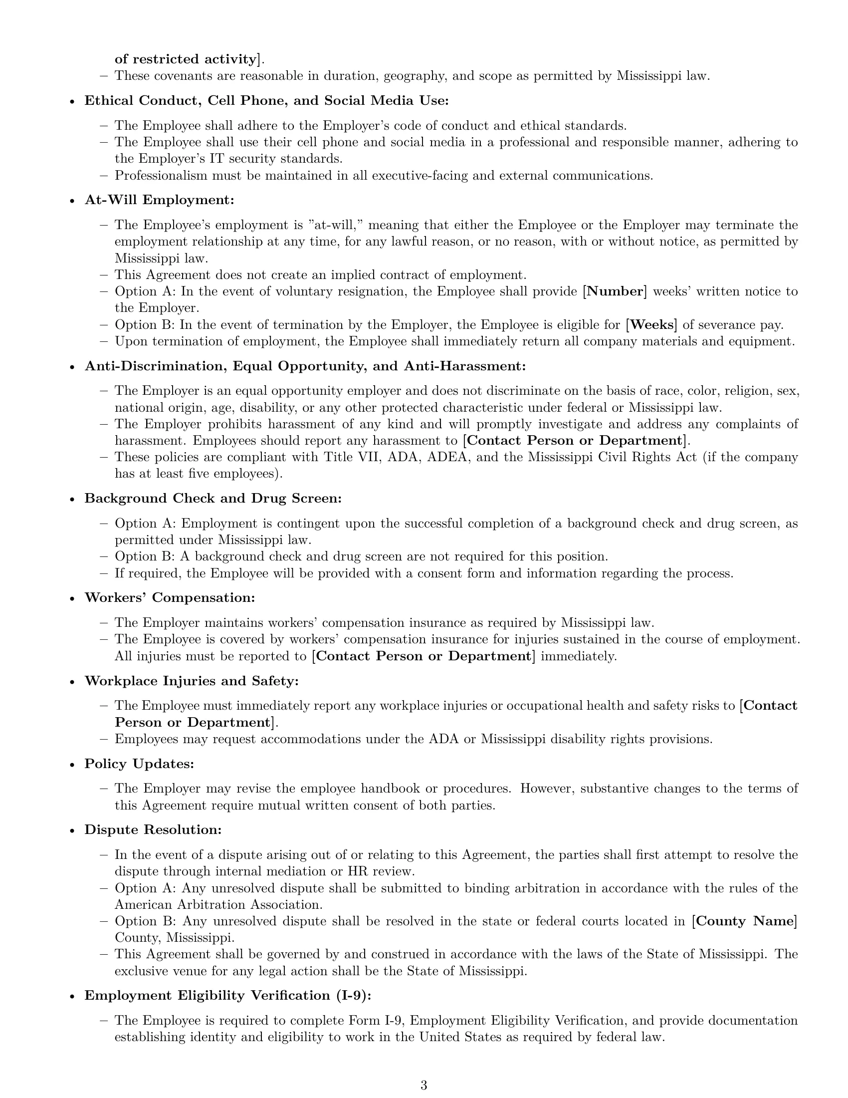 Preview page 3 of Free Mississippi executive assistant employment contract template