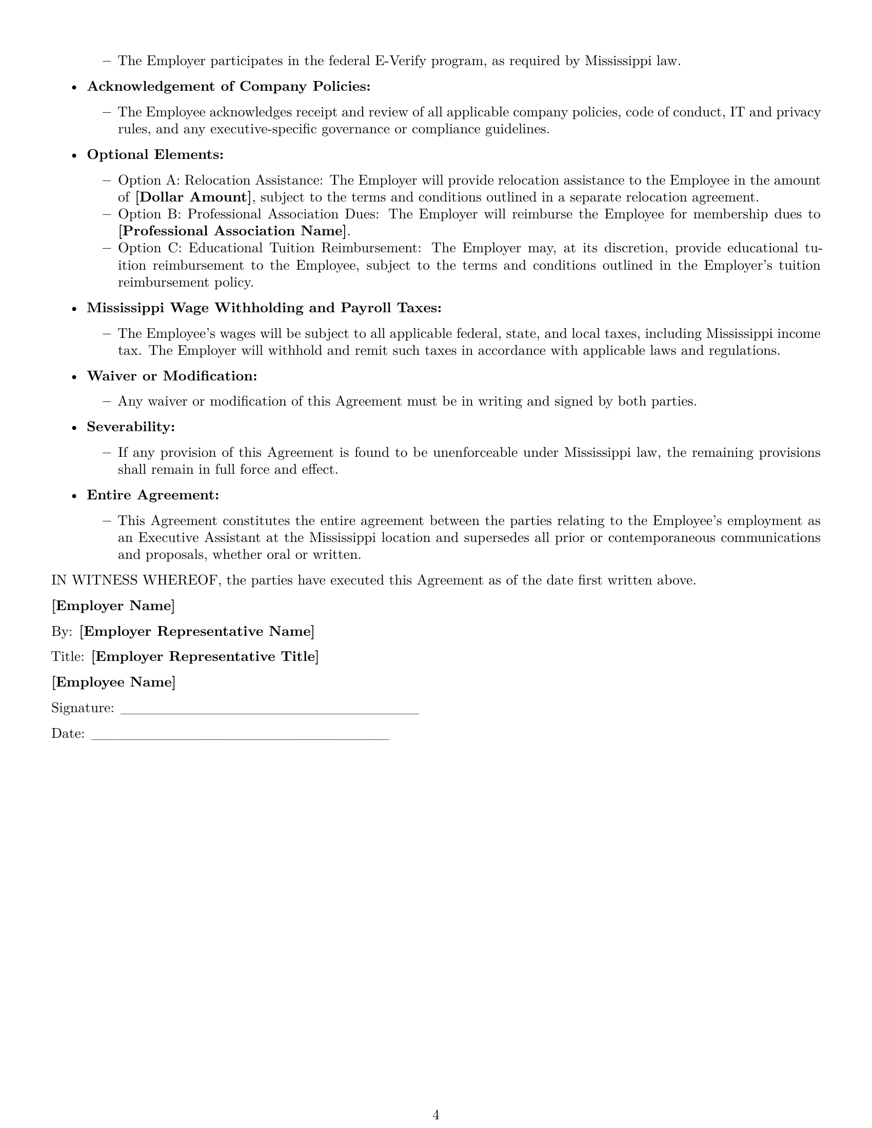 Preview page 4 of Free Mississippi executive assistant employment contract template