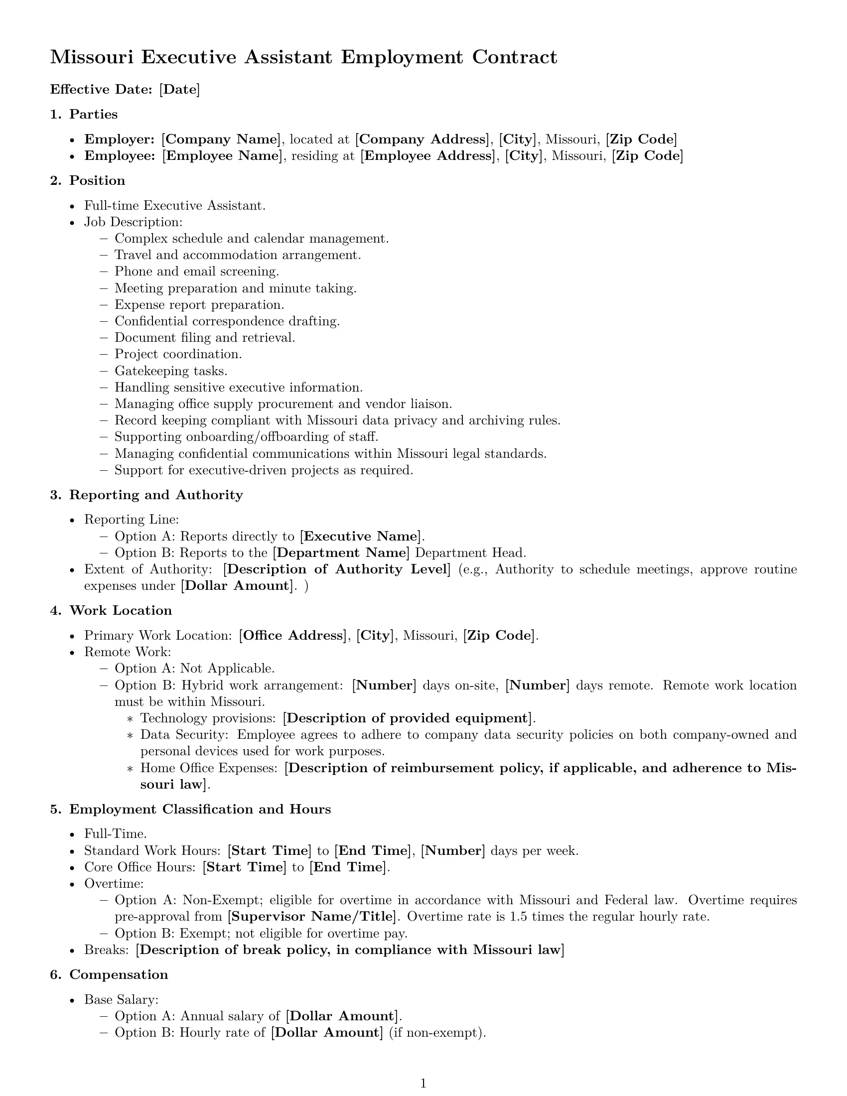 Preview page 1 of Free Missouri executive assistant employment contract template