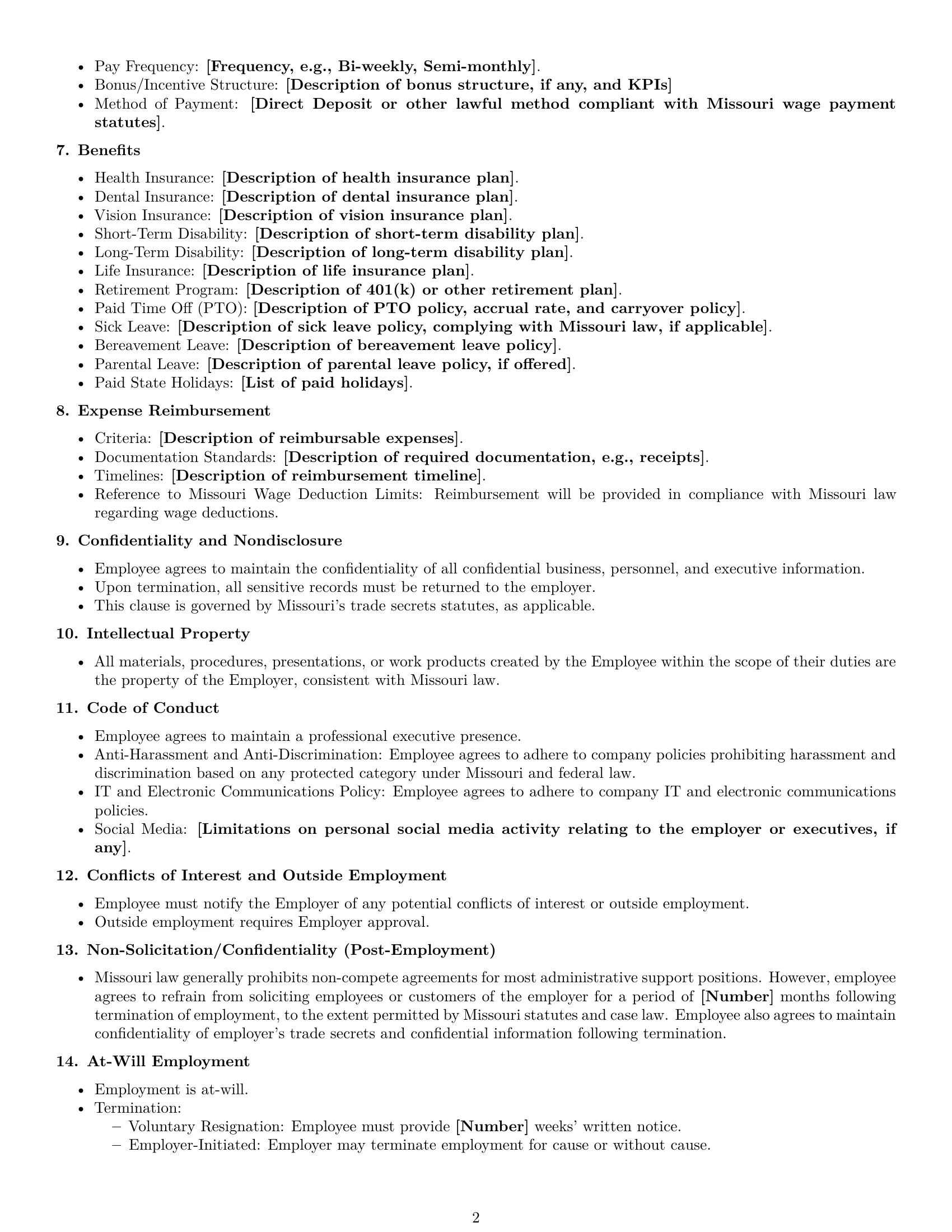 Preview page 2 of Free Missouri executive assistant employment contract template
