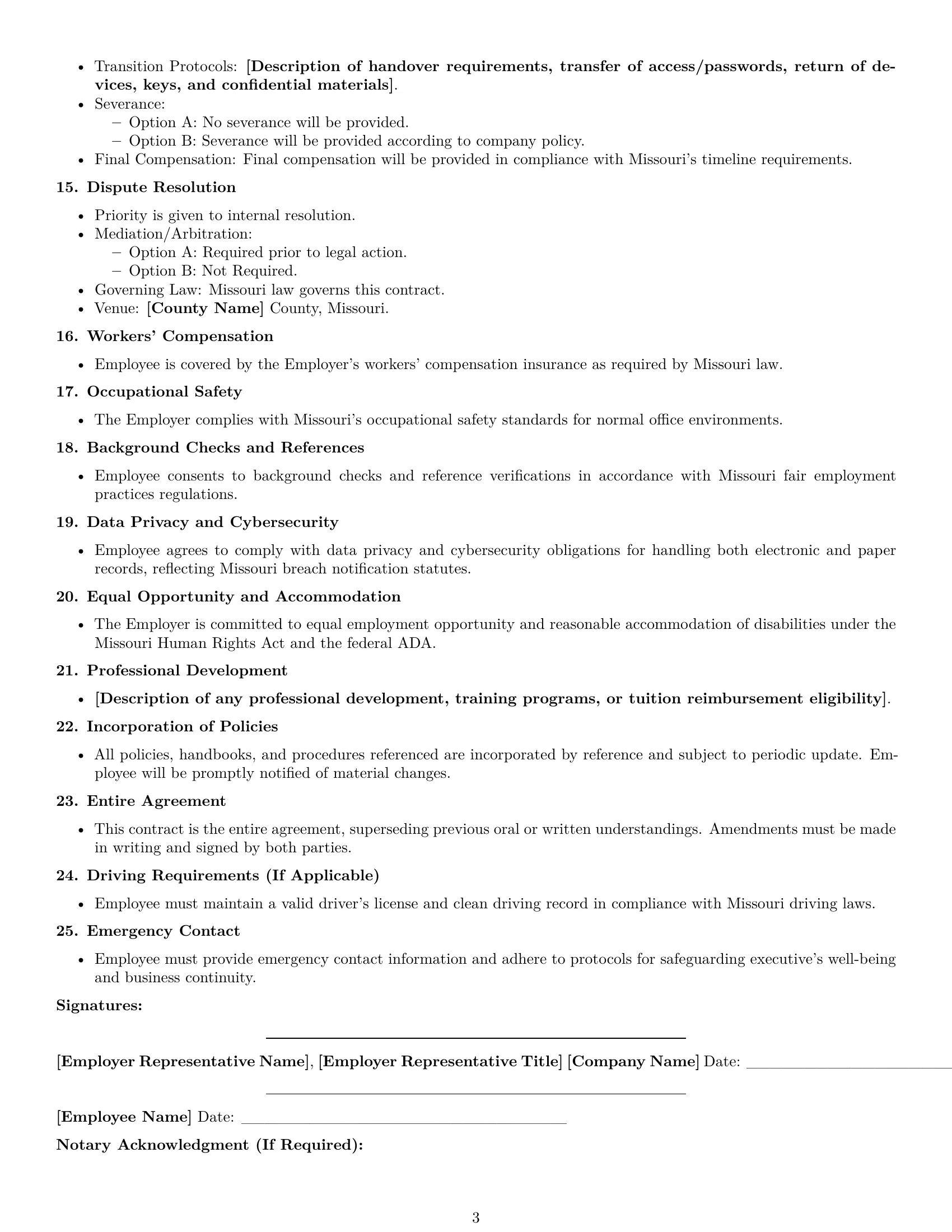 Preview page 3 of Free Missouri executive assistant employment contract template