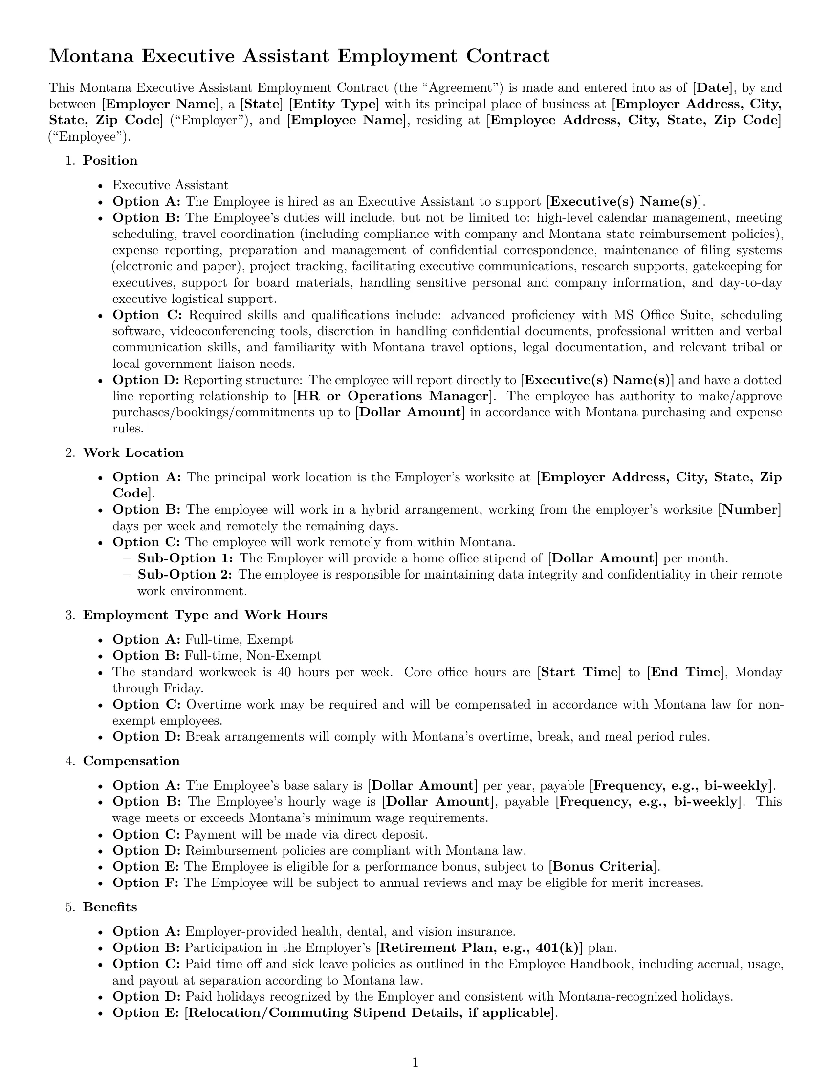 Preview page 1 of Free Montana executive assistant employment contract template