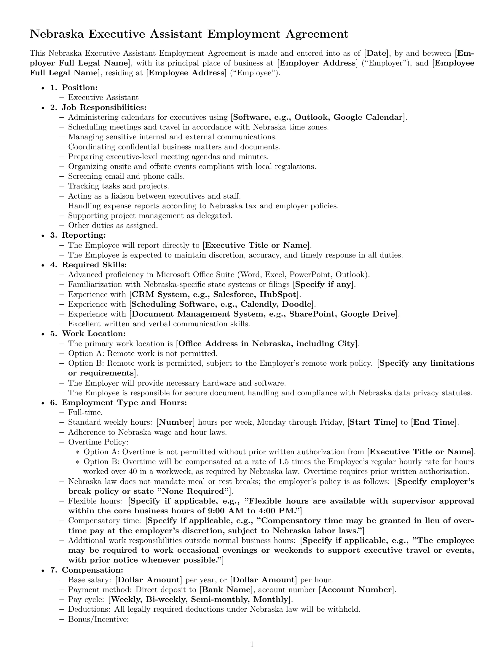 Preview page 1 of Free Nebraska executive assistant employment contract template