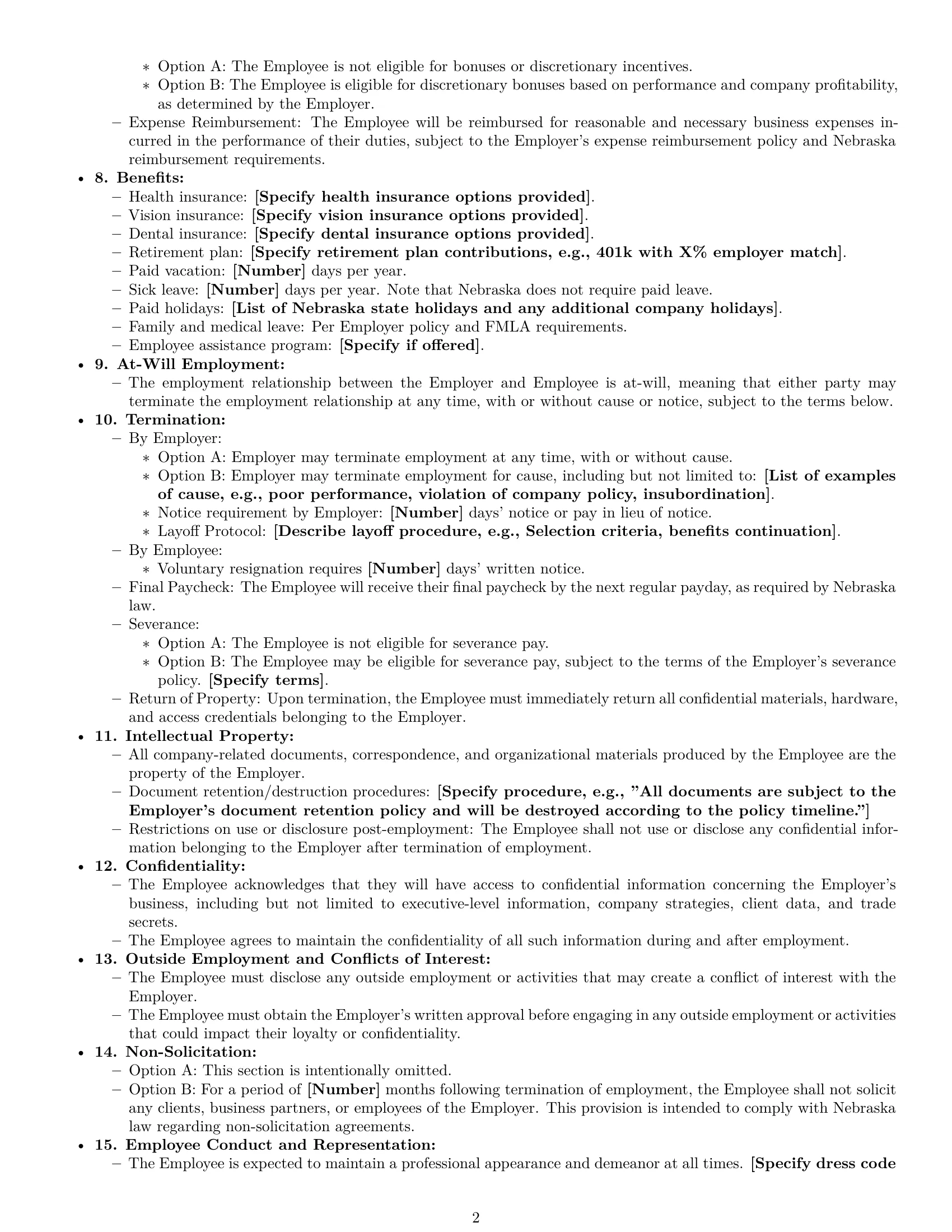 Preview page 2 of Free Nebraska executive assistant employment contract template