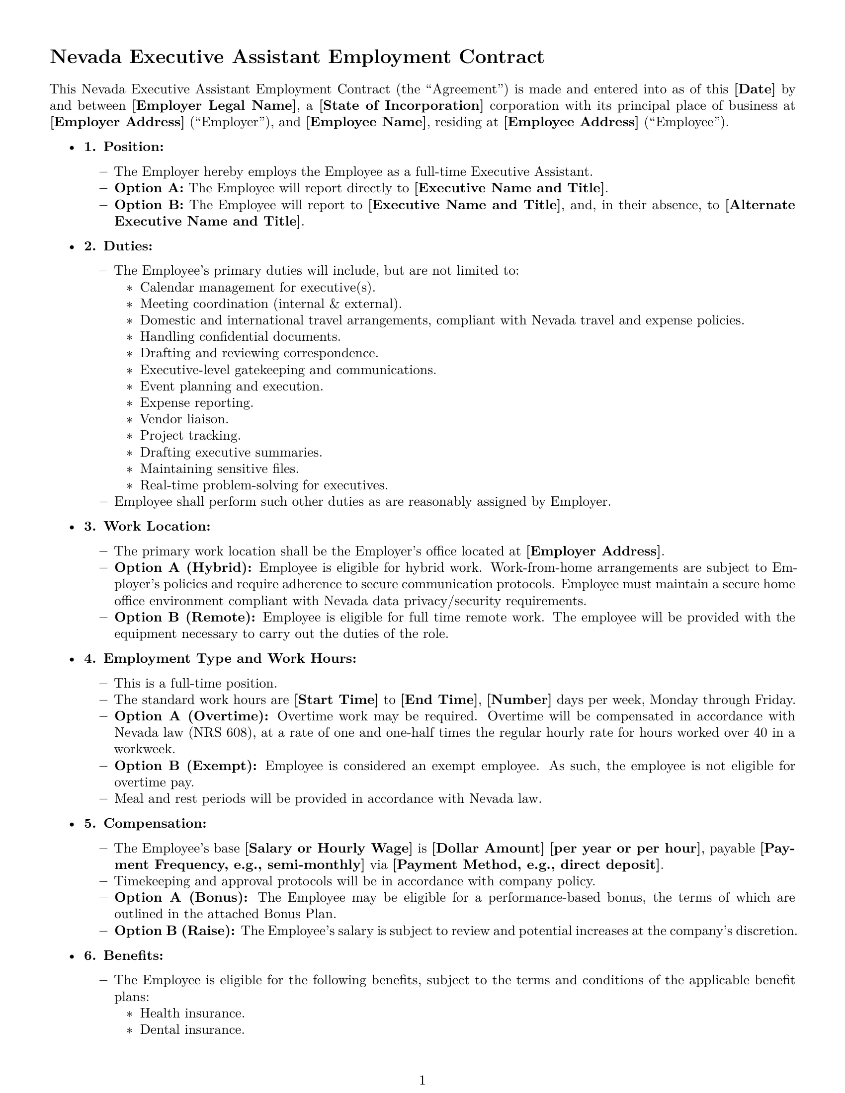 Preview page 1 of Free Nevada executive assistant employment contract template