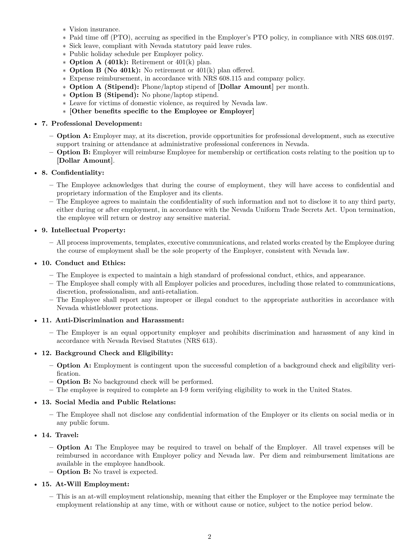 Preview page 2 of Free Nevada executive assistant employment contract template
