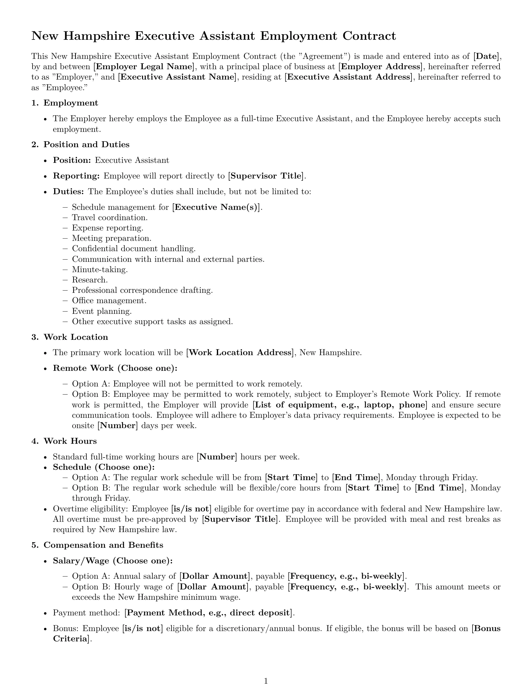Preview page 1 of Free New Hampshire executive assistant employment contract template