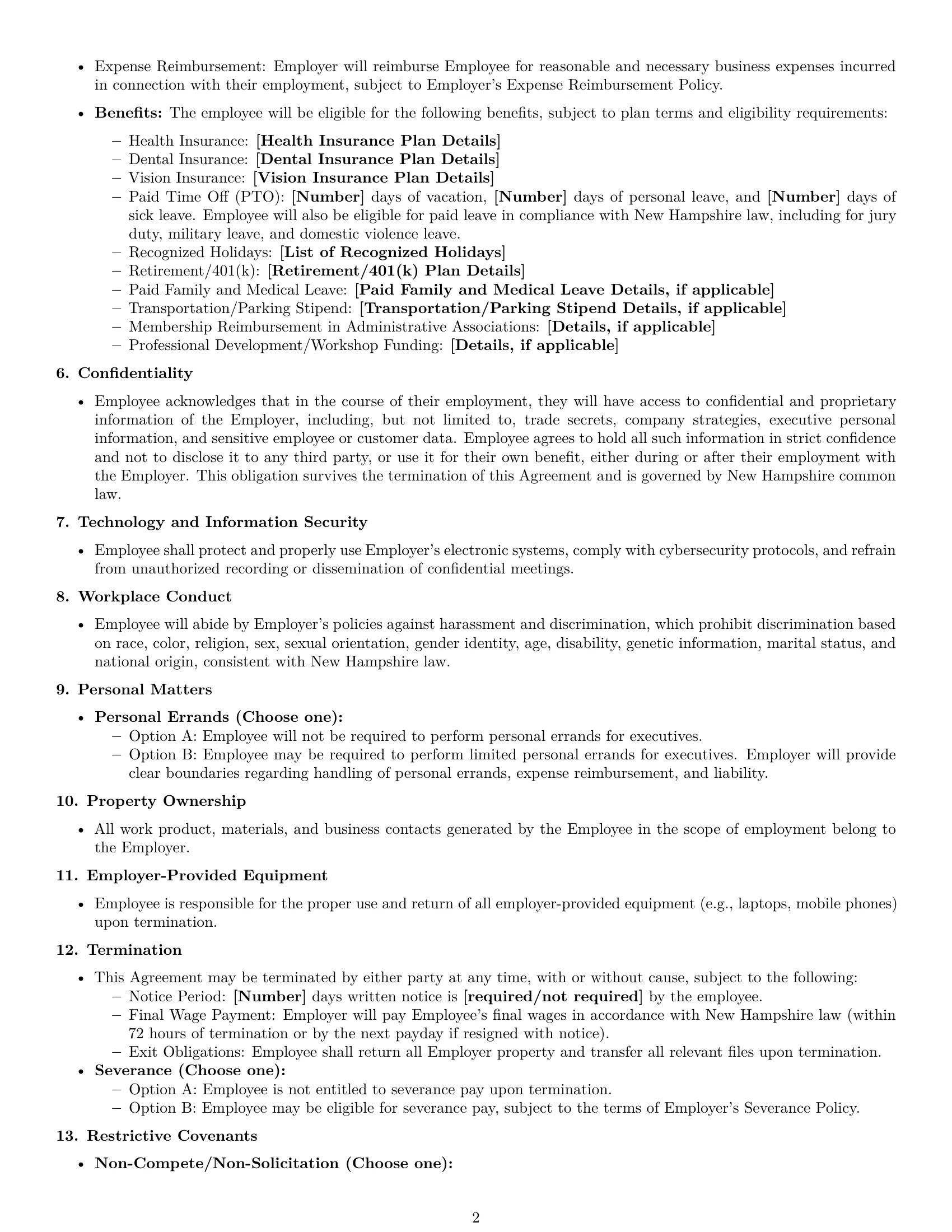 Preview page 2 of Free New Hampshire executive assistant employment contract template