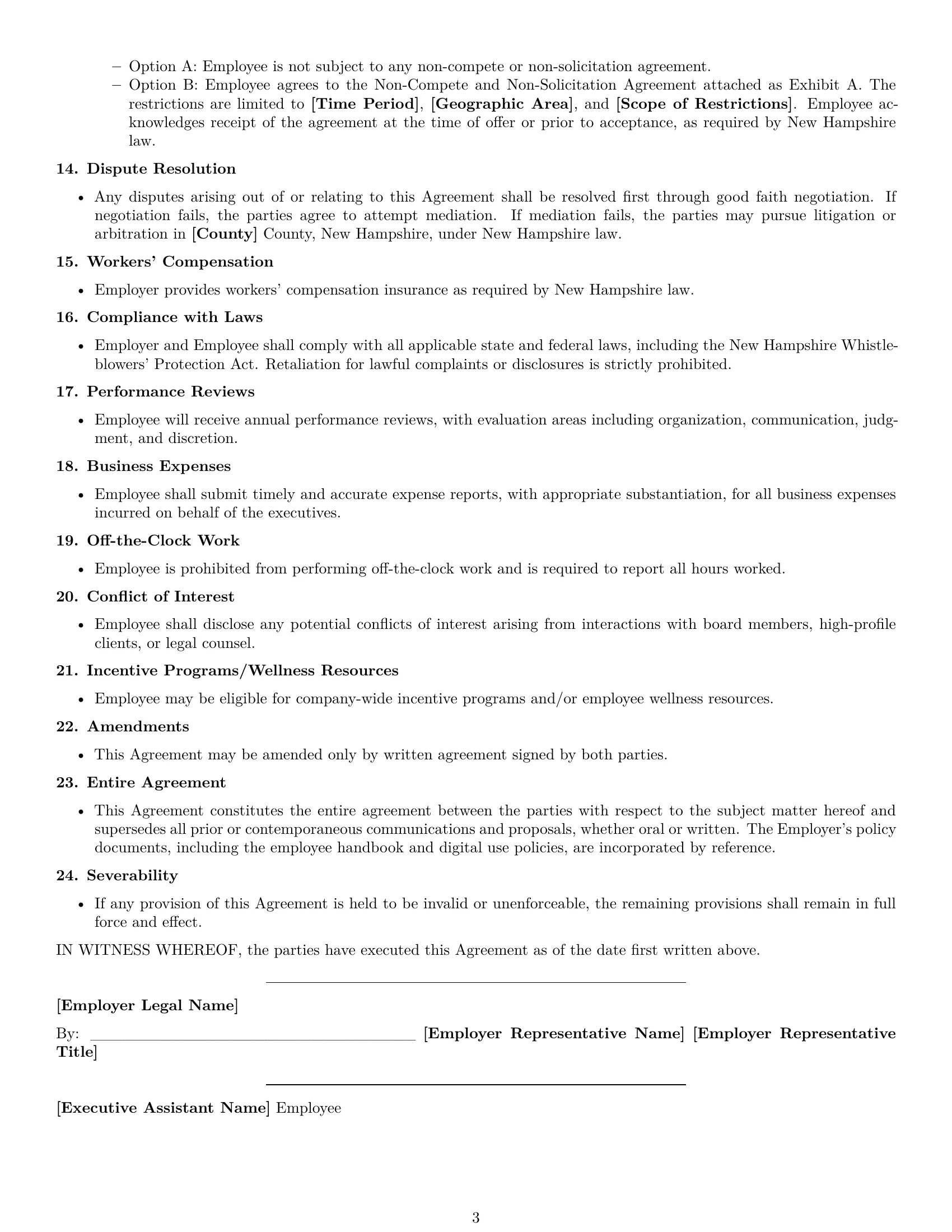Preview page 3 of Free New Hampshire executive assistant employment contract template