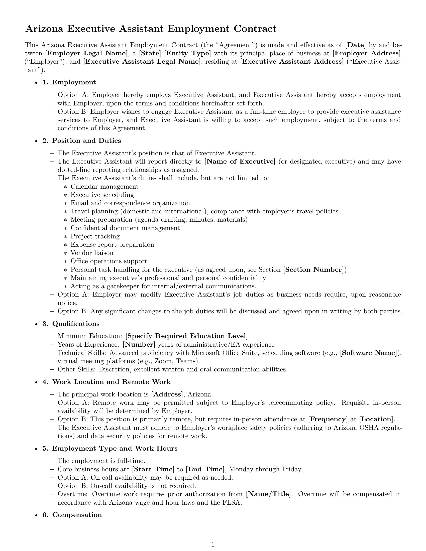 Preview page 1 of Free Arizona executive assistant employment contract template