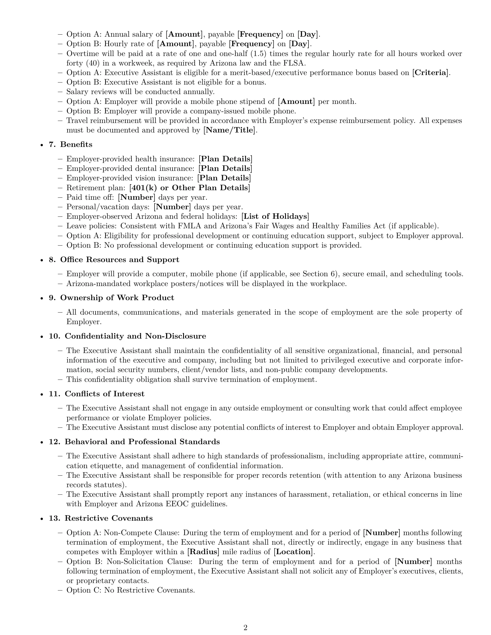 Preview page 2 of Free Arizona executive assistant employment contract template