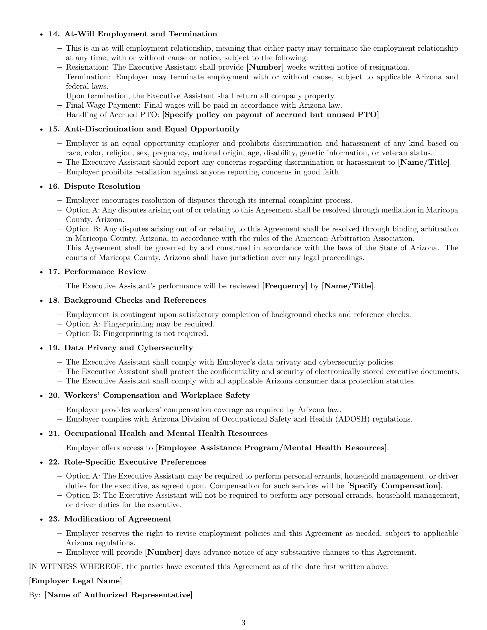 Preview page 3 of Free Arizona executive assistant employment contract template