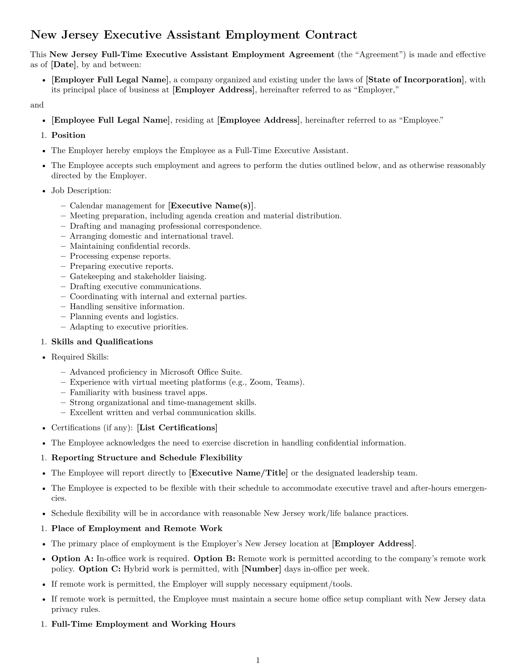 Preview page 1 of Free New Jersey executive assistant employment contract template