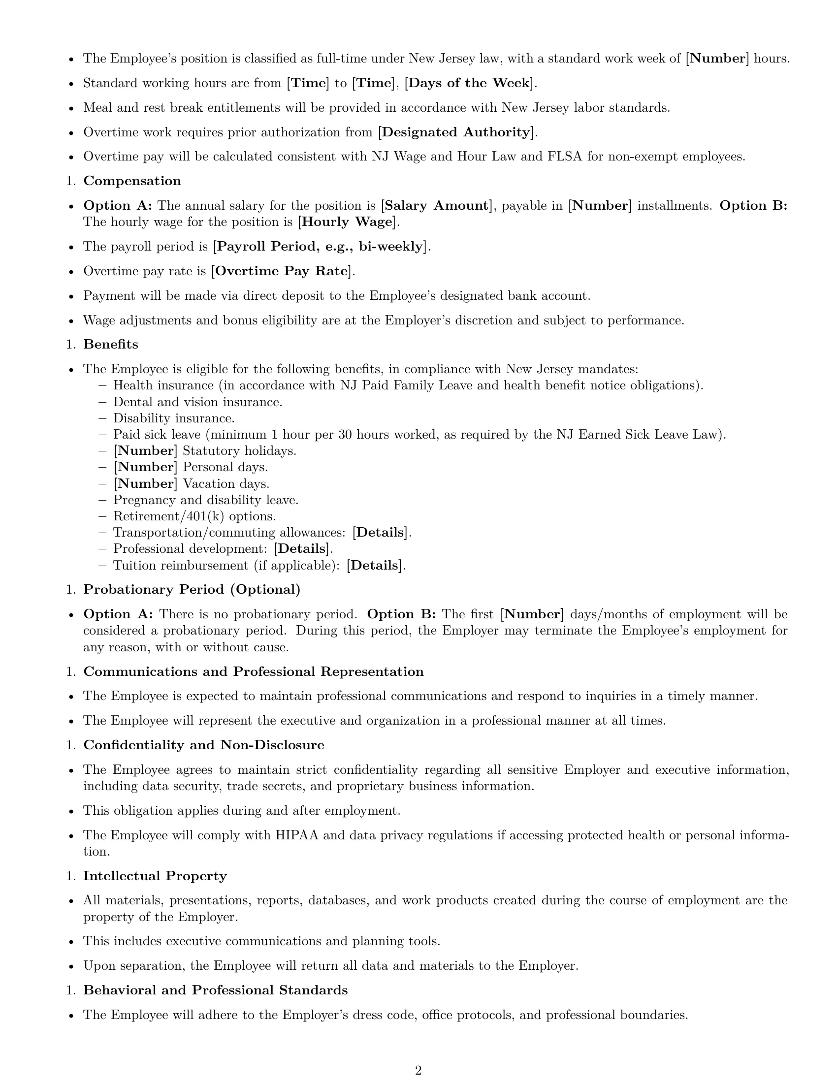 Preview page 2 of Free New Jersey executive assistant employment contract template