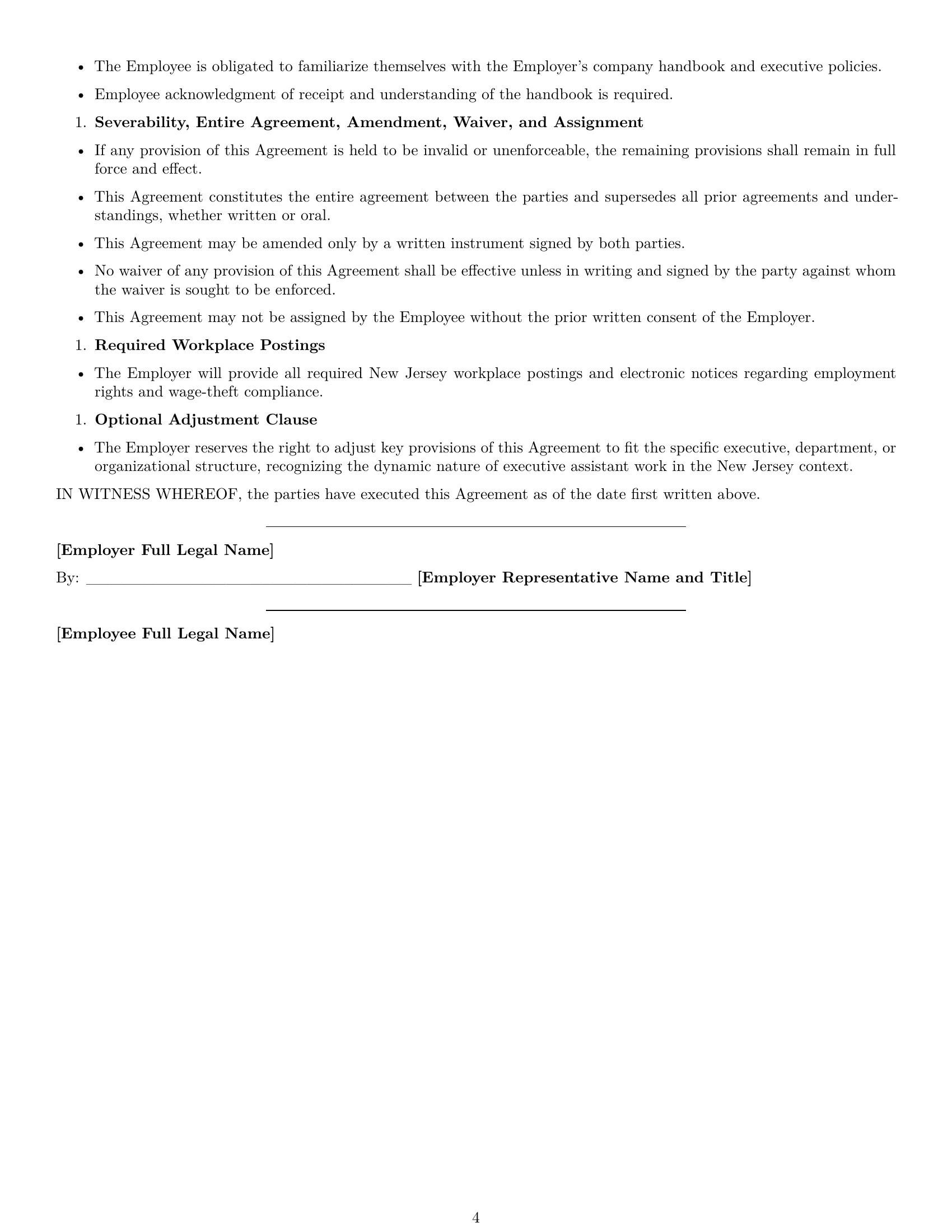 Preview page 4 of Free New Jersey executive assistant employment contract template