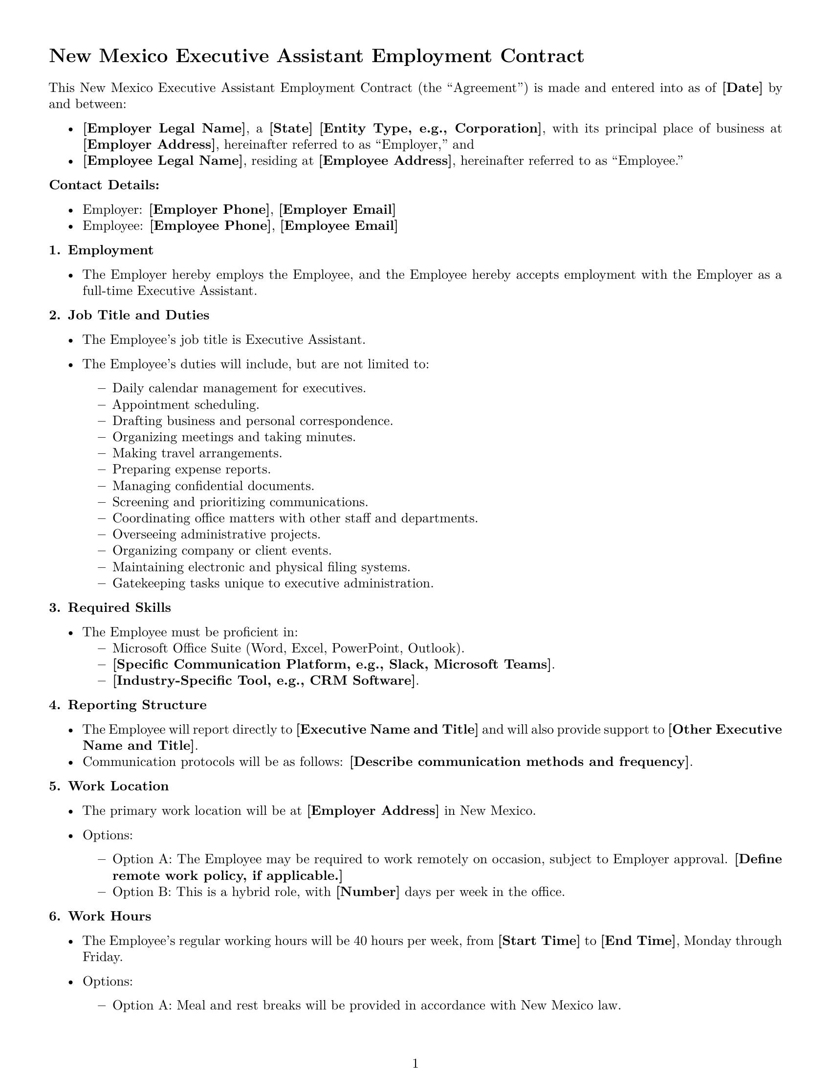 Preview page 1 of Free New Mexico executive assistant employment contract template