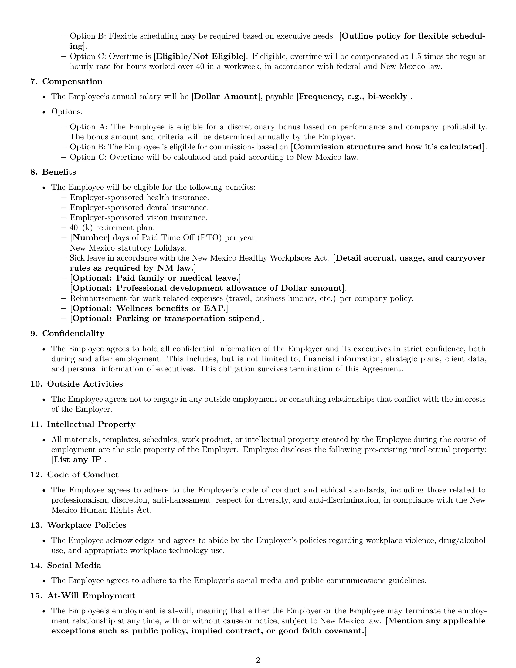 Preview page 2 of Free New Mexico executive assistant employment contract template