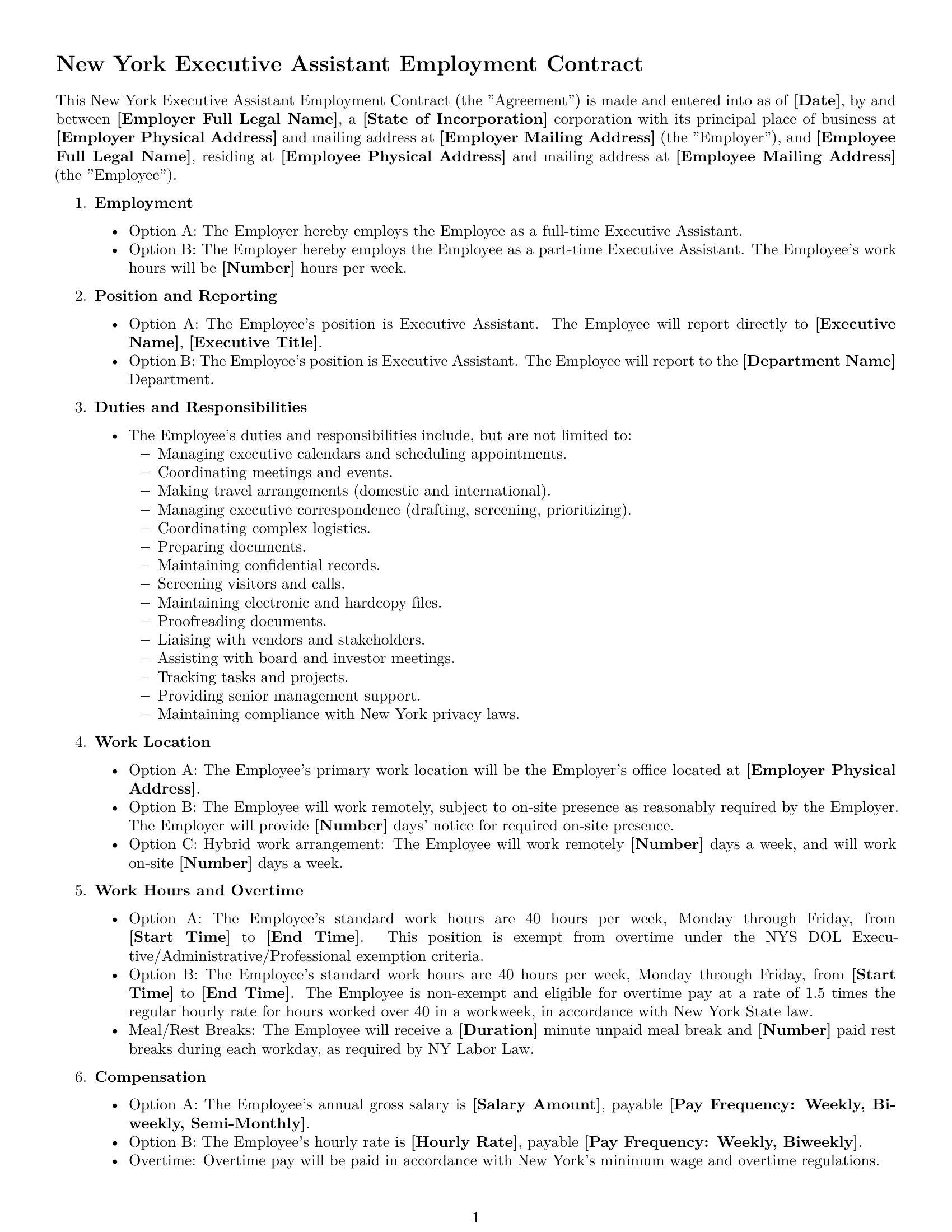 Preview page 1 of Free New York executive assistant employment contract template