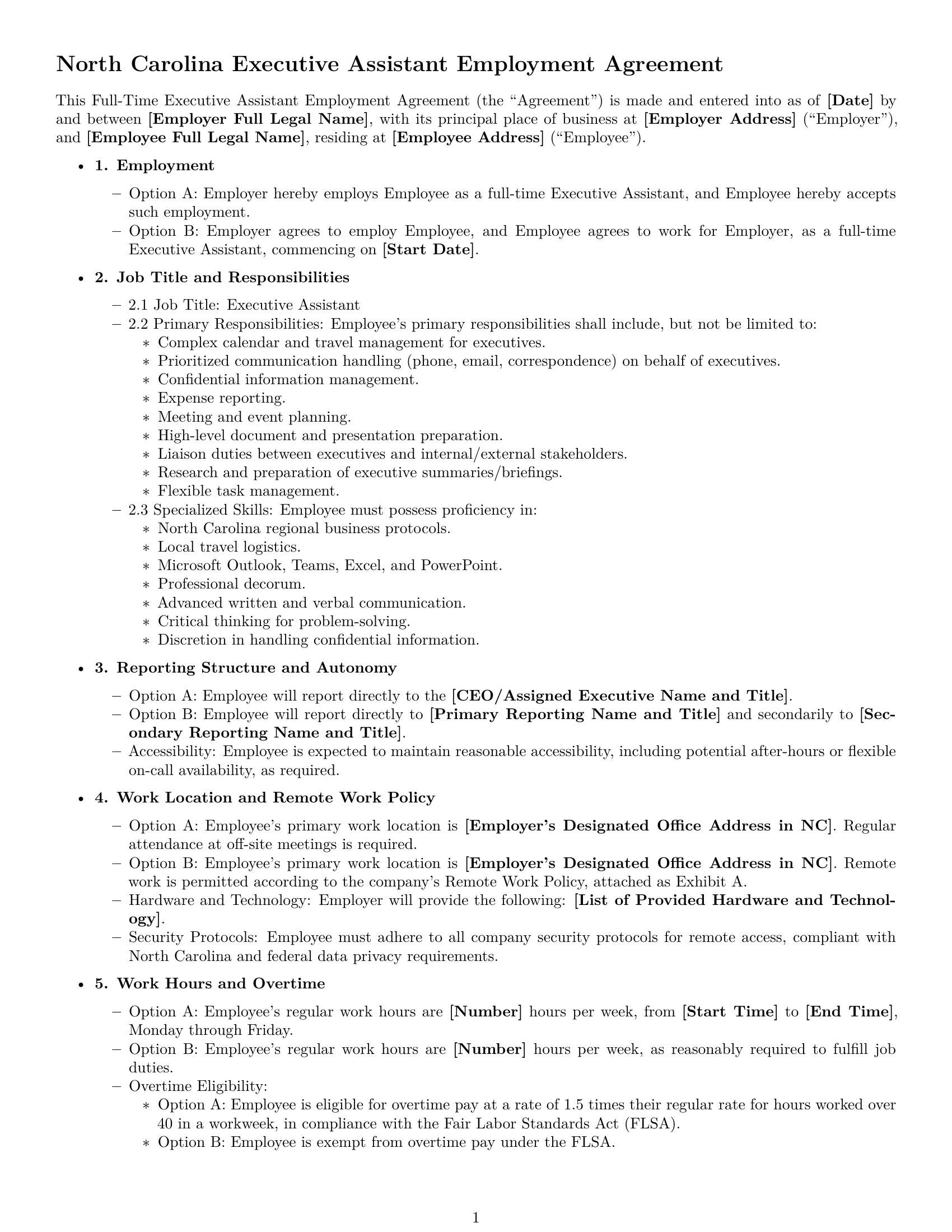 Preview page 1 of Free North Carolina executive assistant employment contract template
