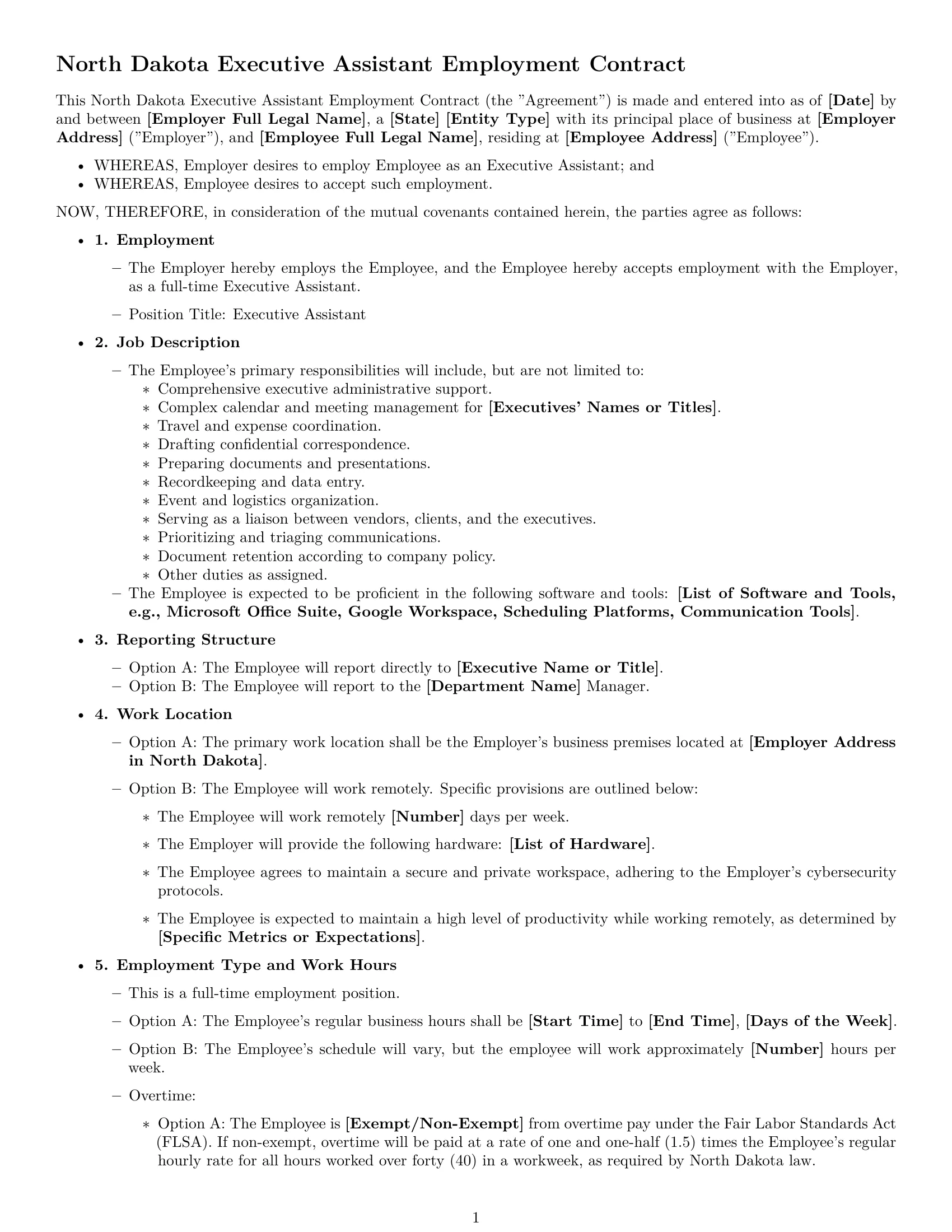 Preview page 1 of Free North Dakota executive assistant employment contract template