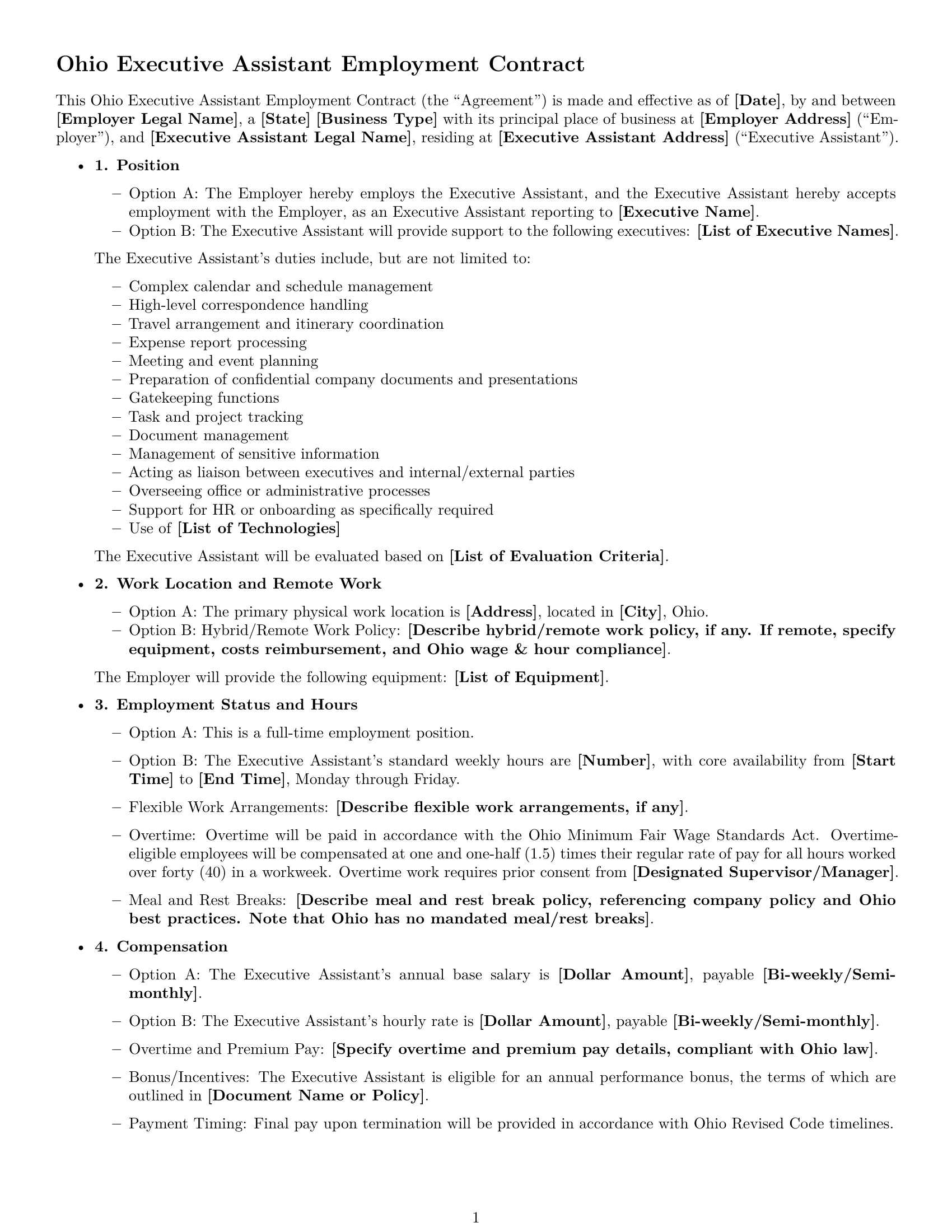 Preview page 1 of Free Ohio executive assistant employment contract template