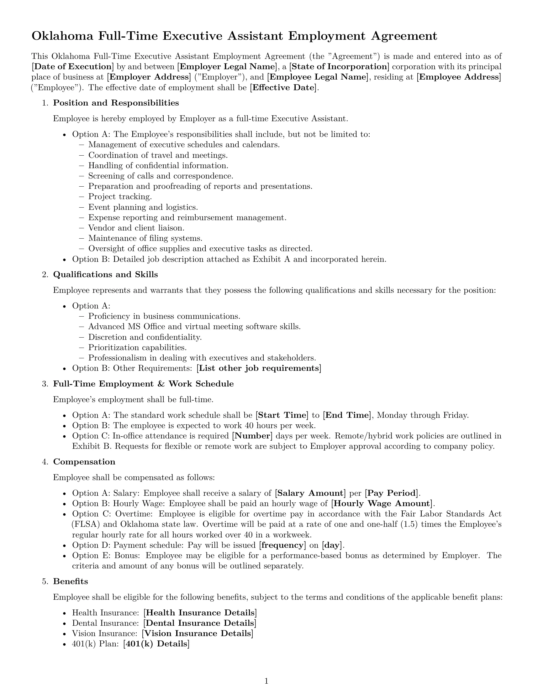 Preview page 1 of Free Oklahoma executive assistant employment contract template