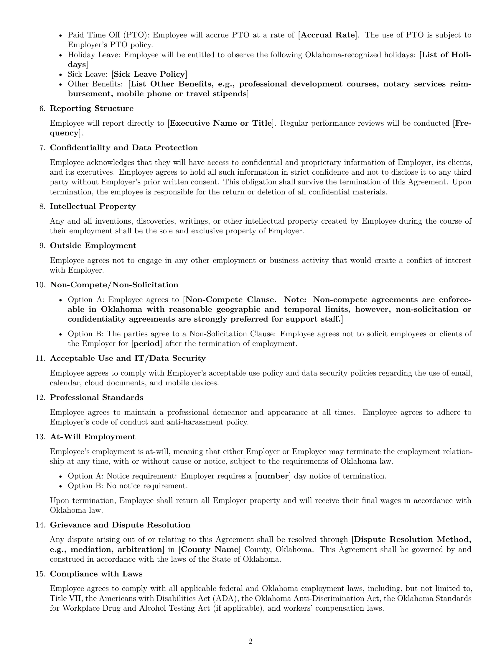 Preview page 2 of Free Oklahoma executive assistant employment contract template