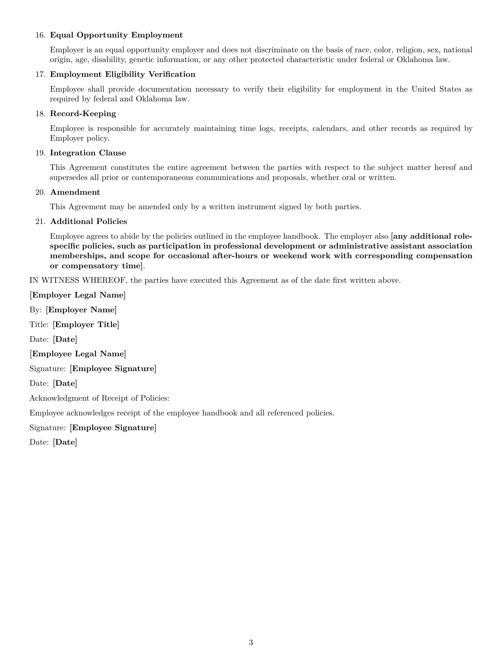 Preview page 3 of Free Oklahoma executive assistant employment contract template