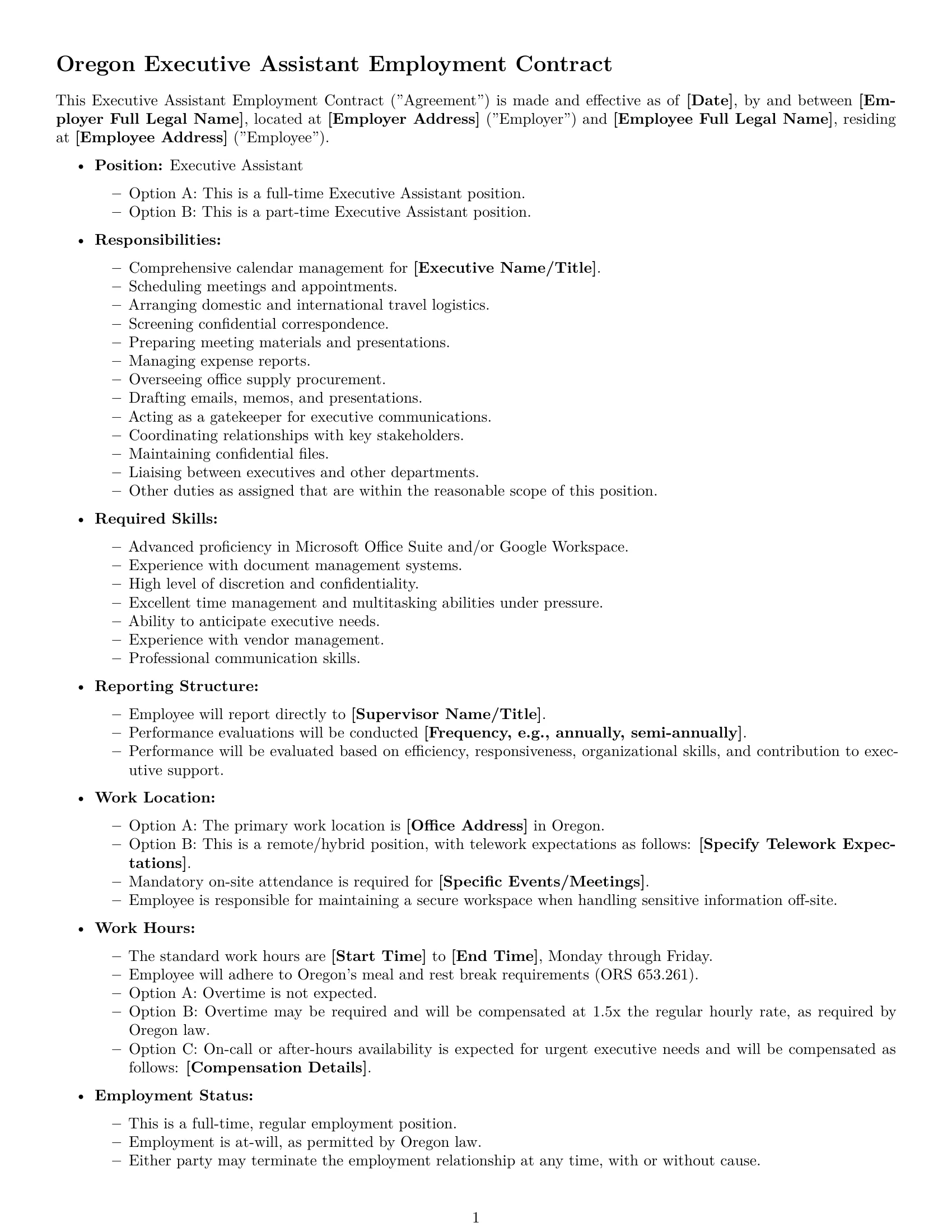 Preview page 1 of Free Oregon executive assistant employment contract template