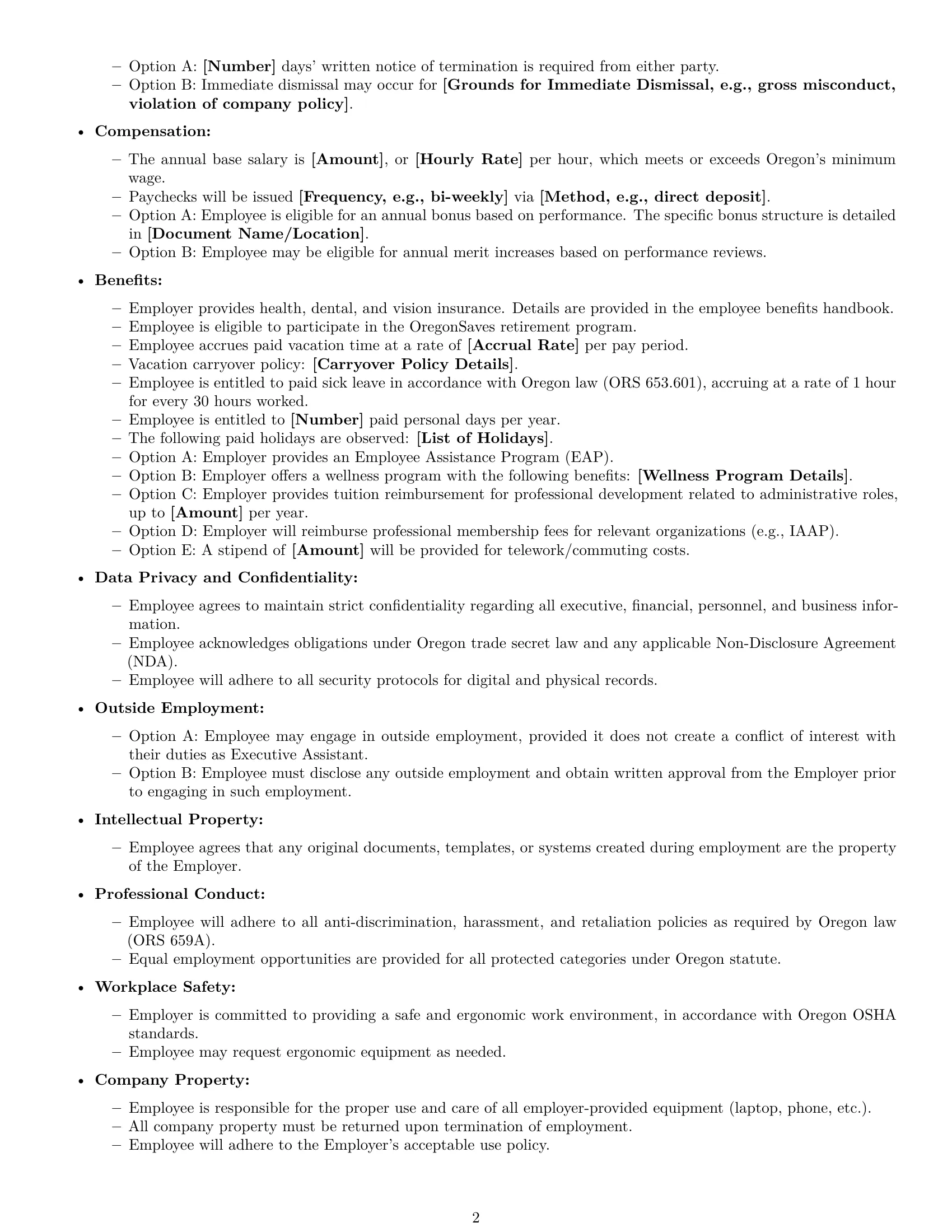 Preview page 2 of Free Oregon executive assistant employment contract template