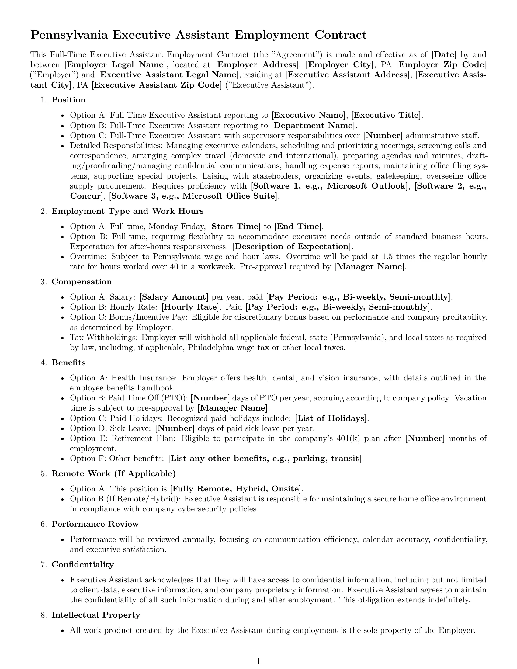 Preview page 1 of Free Pennsylvania executive assistant employment contract template