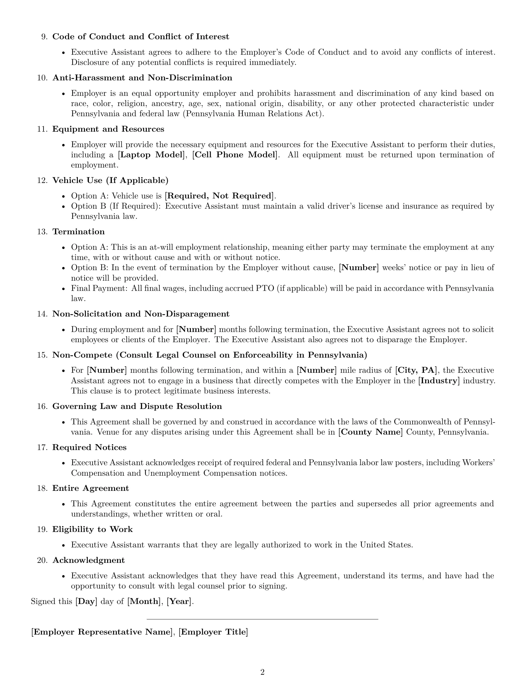 Preview page 2 of Free Pennsylvania executive assistant employment contract template
