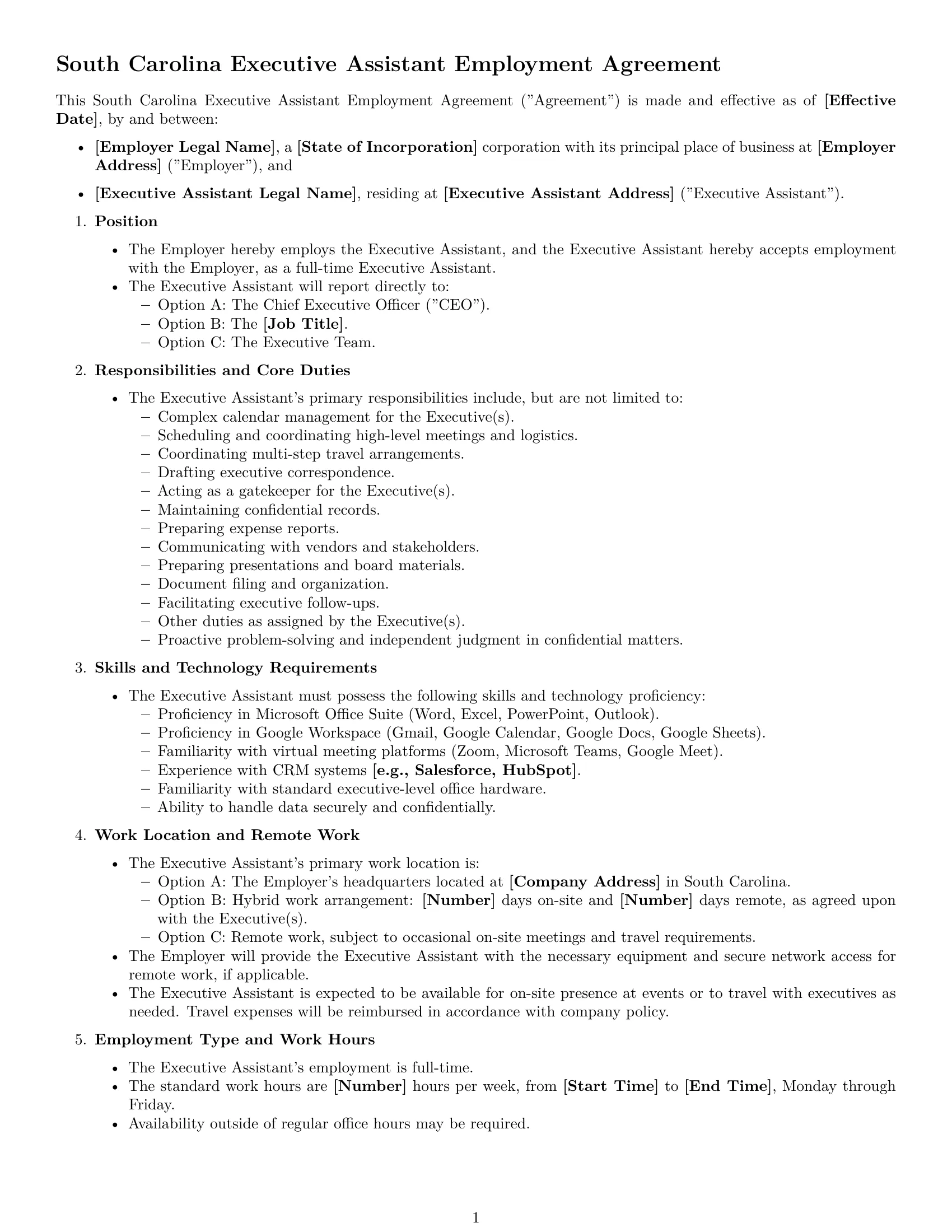 Preview page 1 of Free South Carolina executive assistant employment contract template