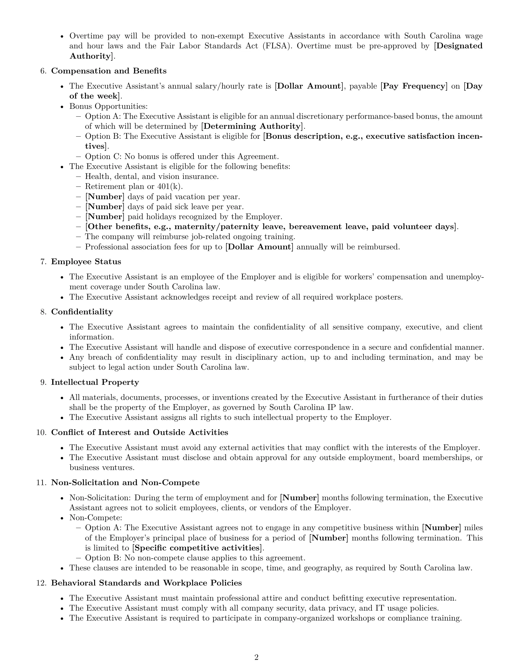 Preview page 2 of Free South Carolina executive assistant employment contract template