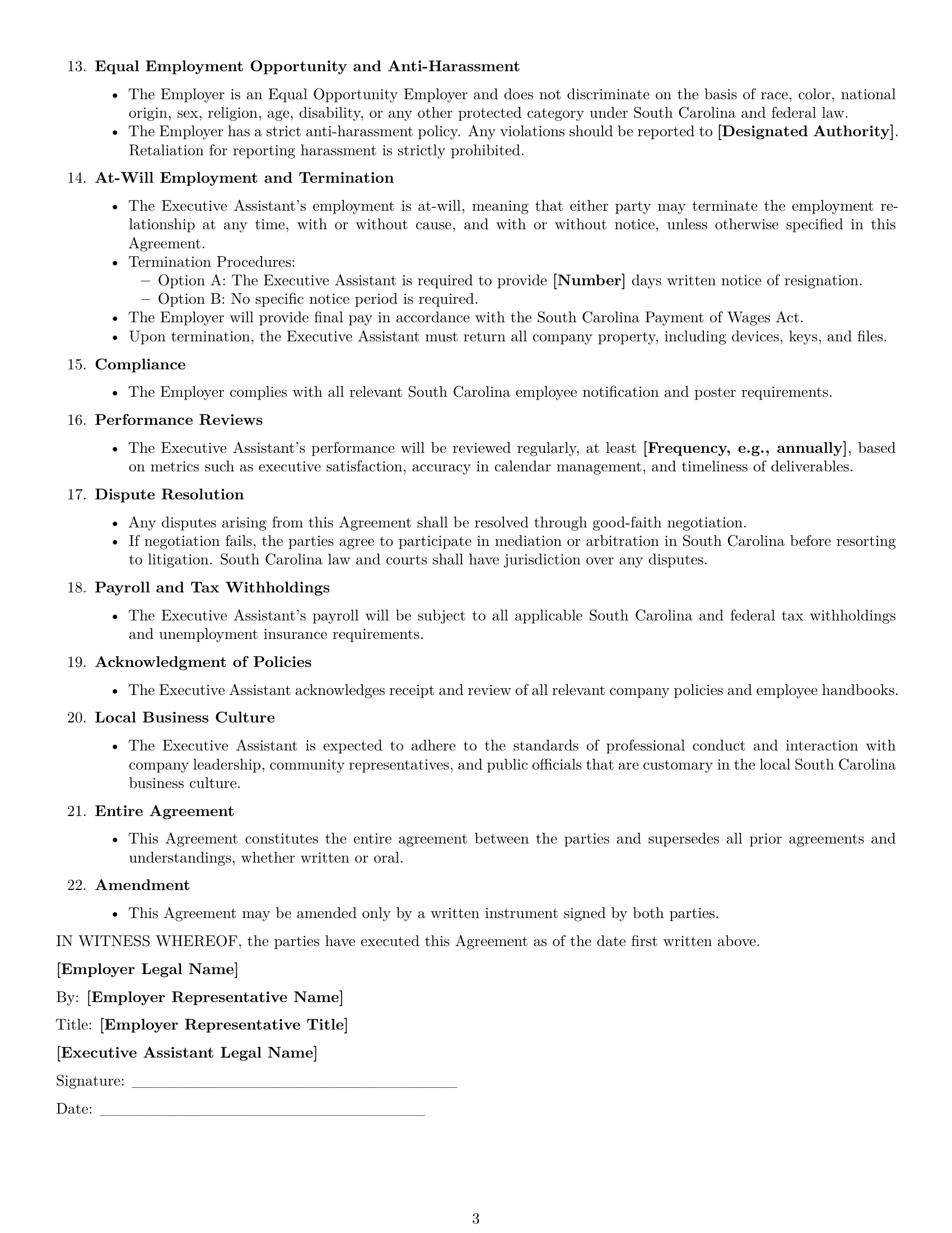 Preview page 3 of Free South Carolina executive assistant employment contract template