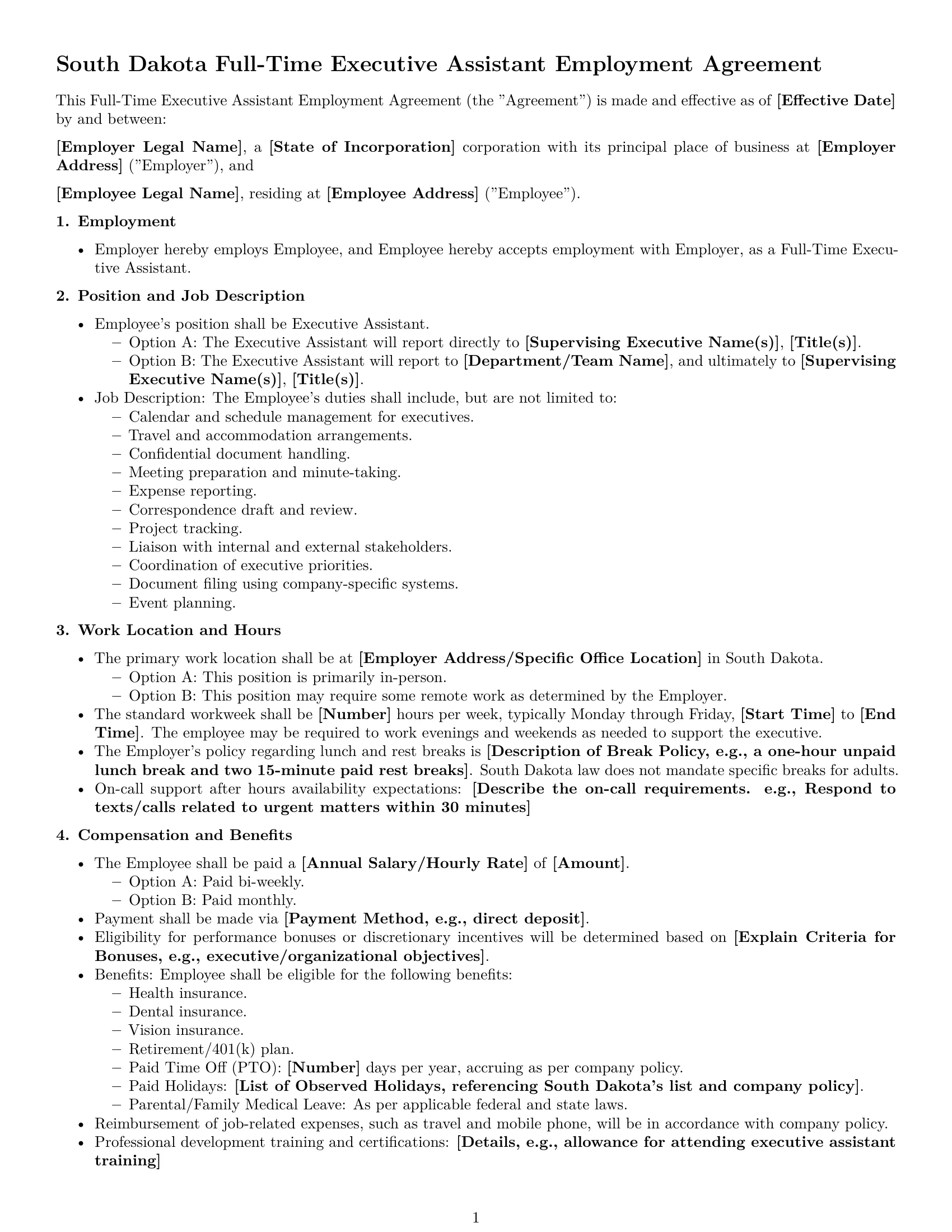 Preview page 1 of Free South Dakota executive assistant employment contract template