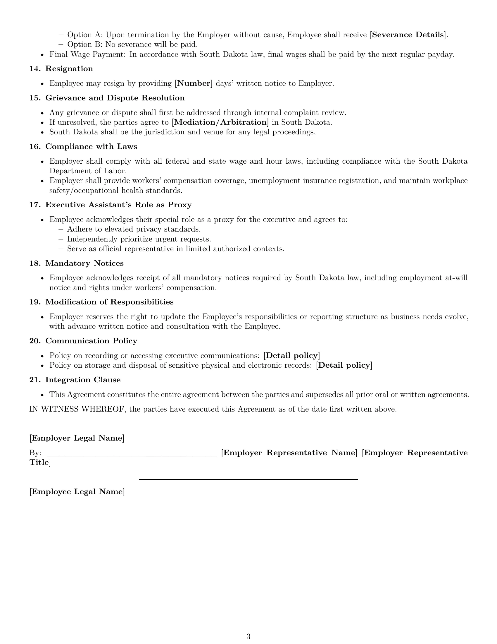 Preview page 3 of Free South Dakota executive assistant employment contract template