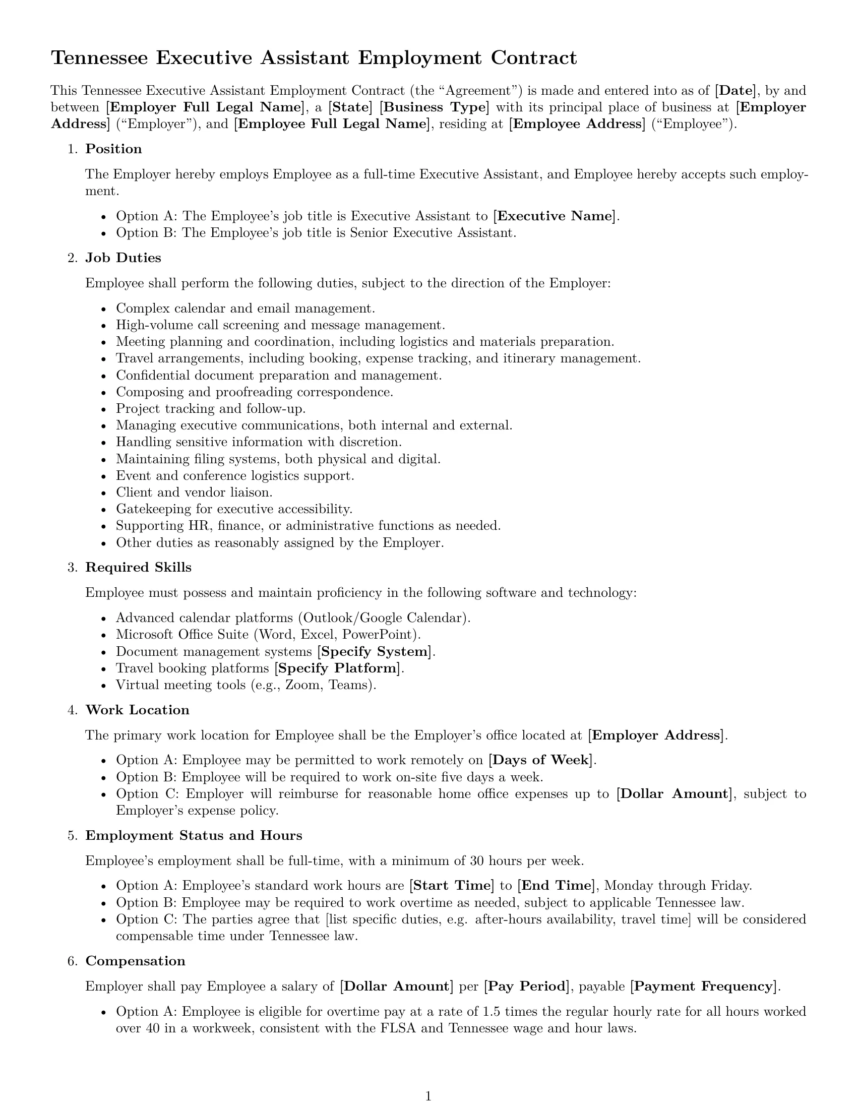 Preview page 1 of Free Tennessee executive assistant employment contract template