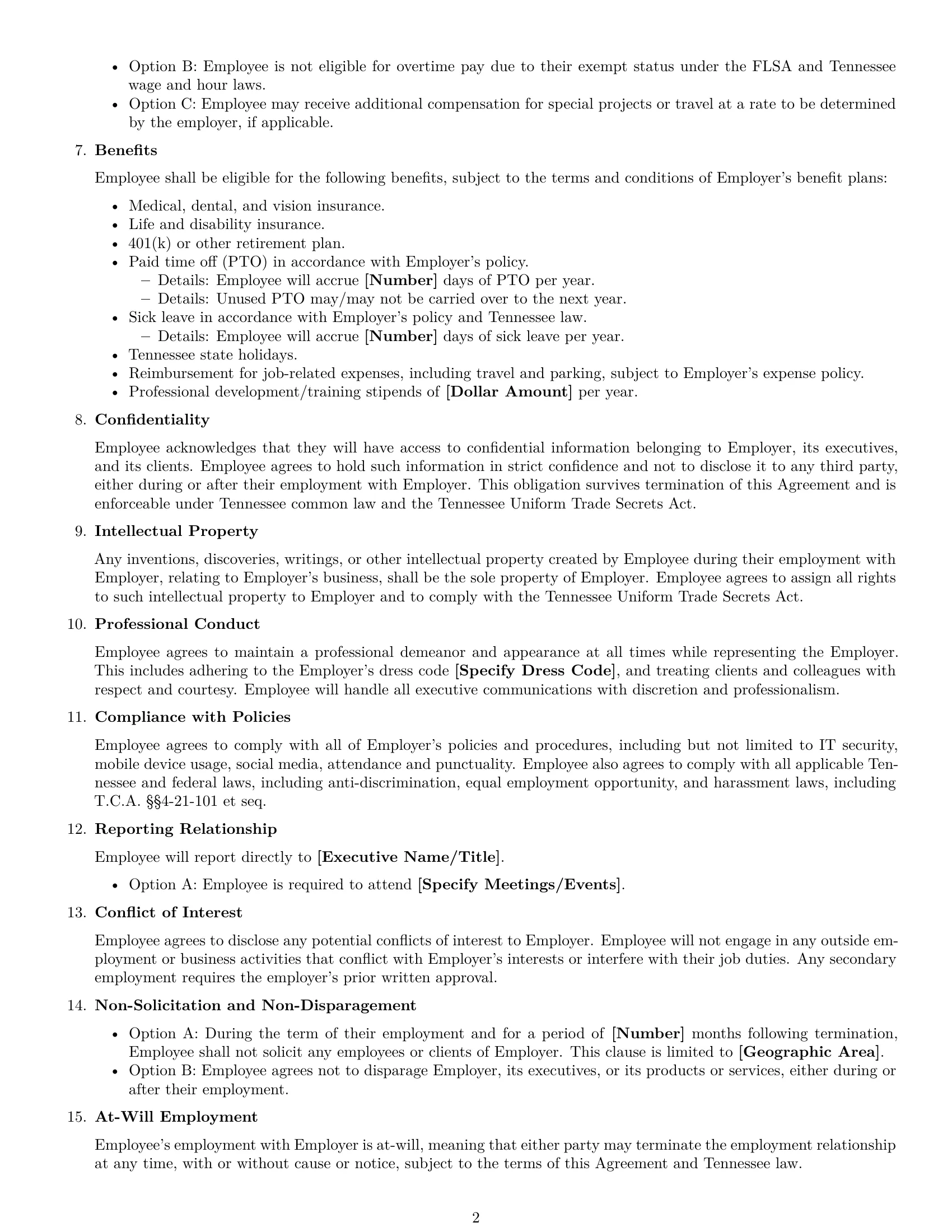 Preview page 2 of Free Tennessee executive assistant employment contract template