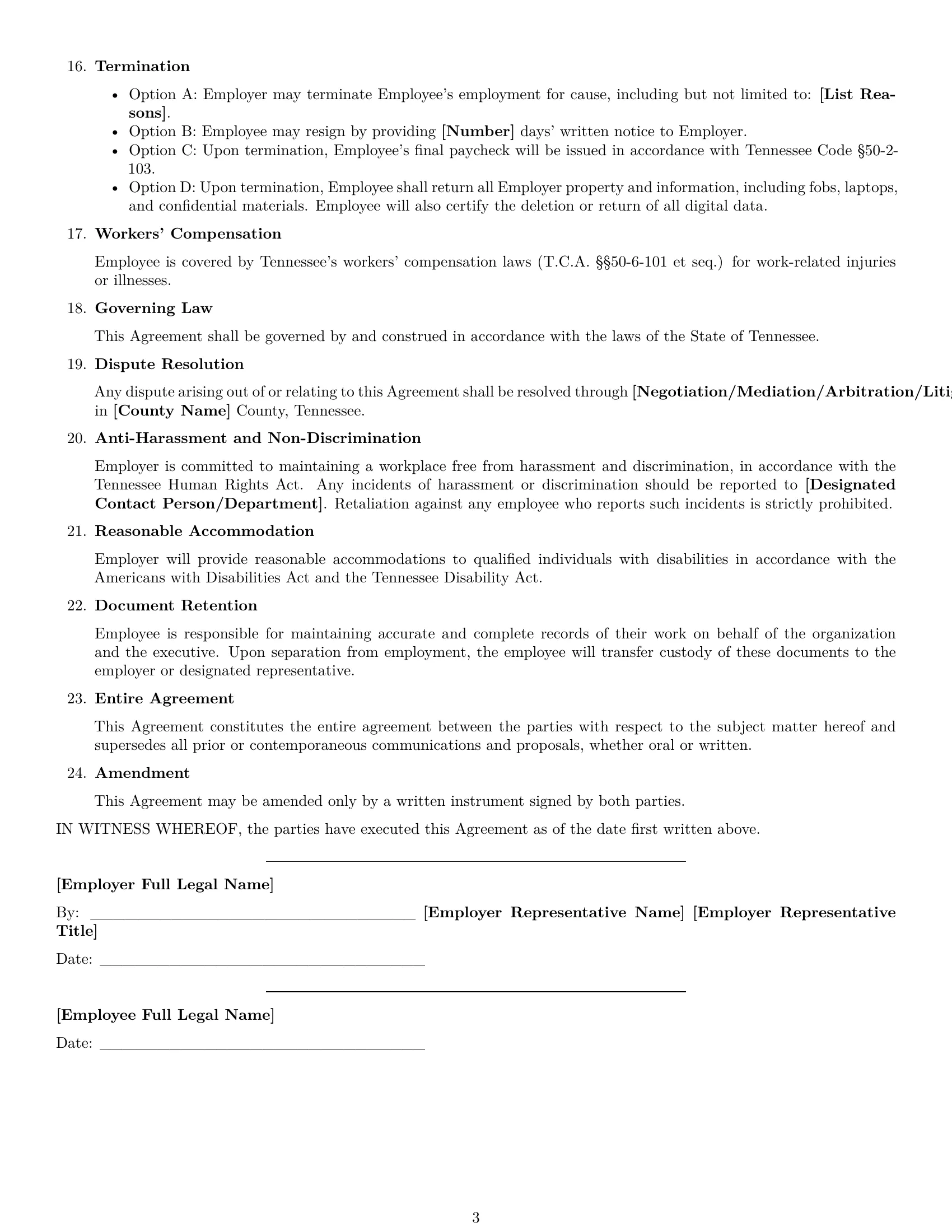 Preview page 3 of Free Tennessee executive assistant employment contract template