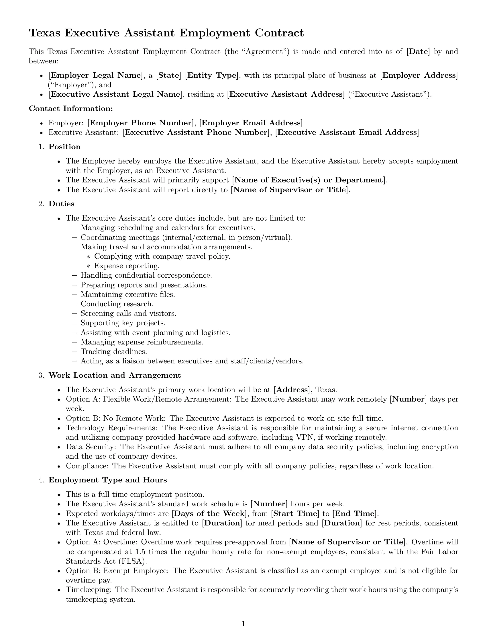 Preview page 1 of Free Texas executive assistant employment contract template