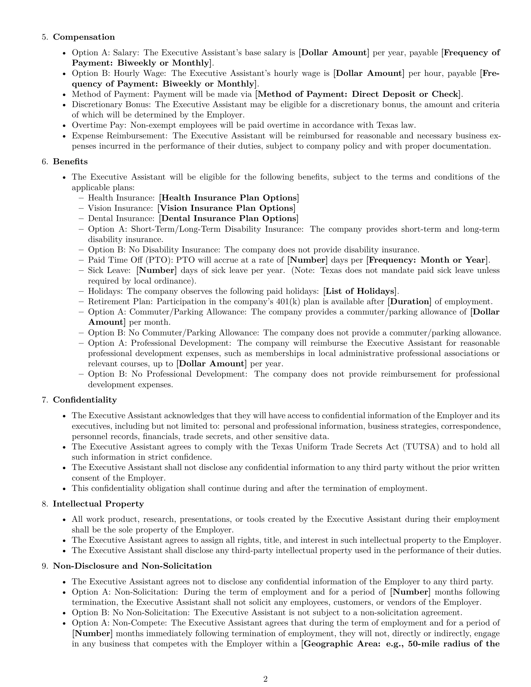Preview page 2 of Free Texas executive assistant employment contract template