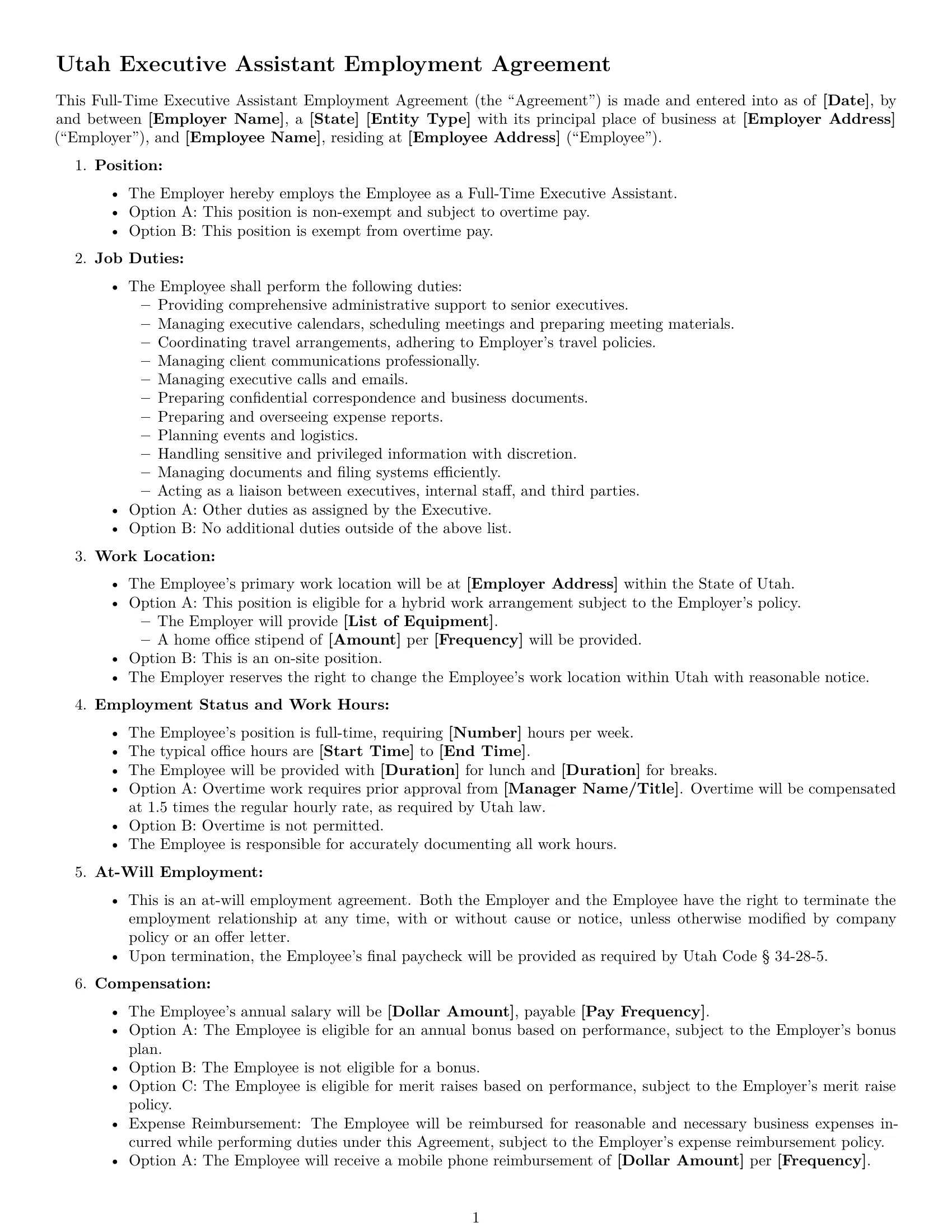 Preview page 1 of Free Utah executive assistant employment contract template