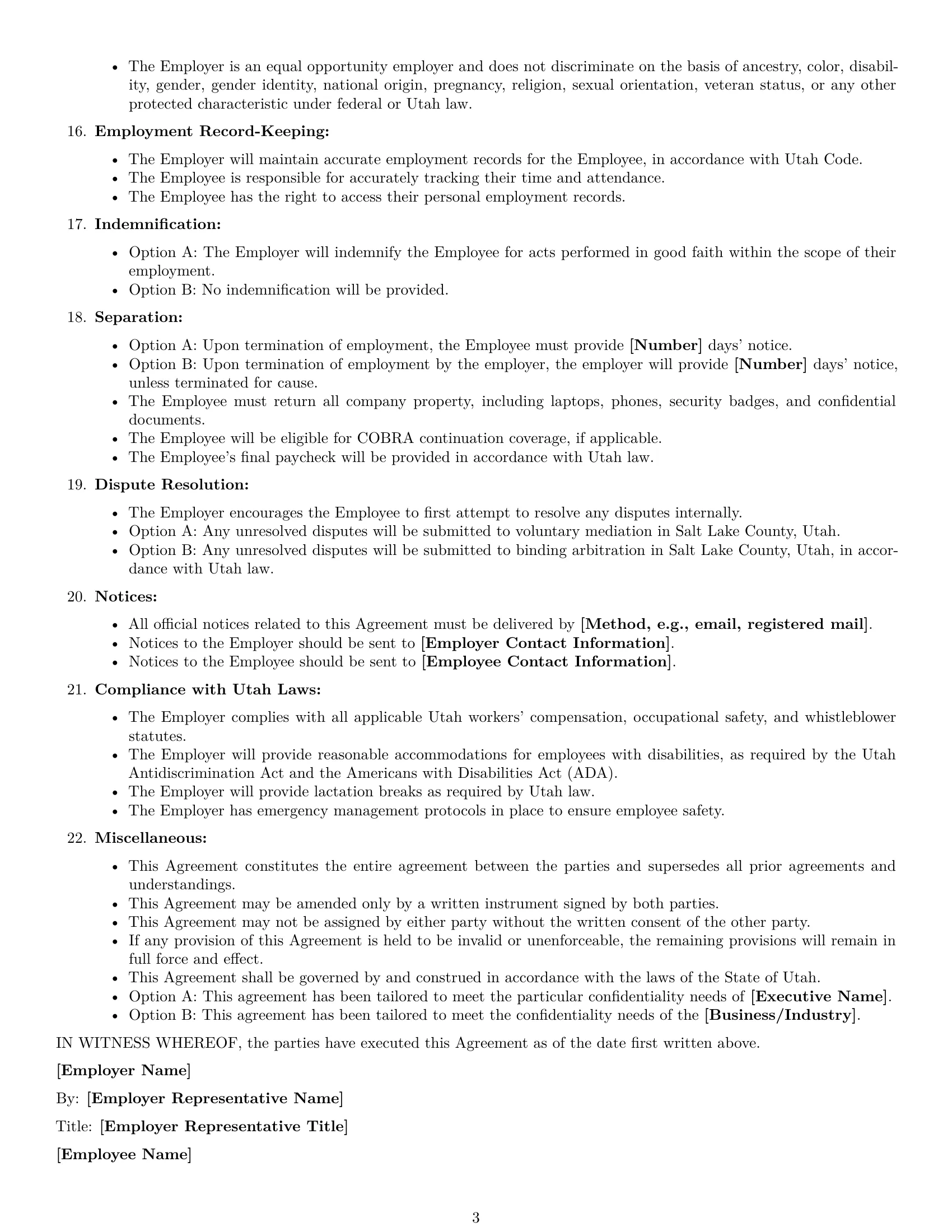 Preview page 3 of Free Utah executive assistant employment contract template