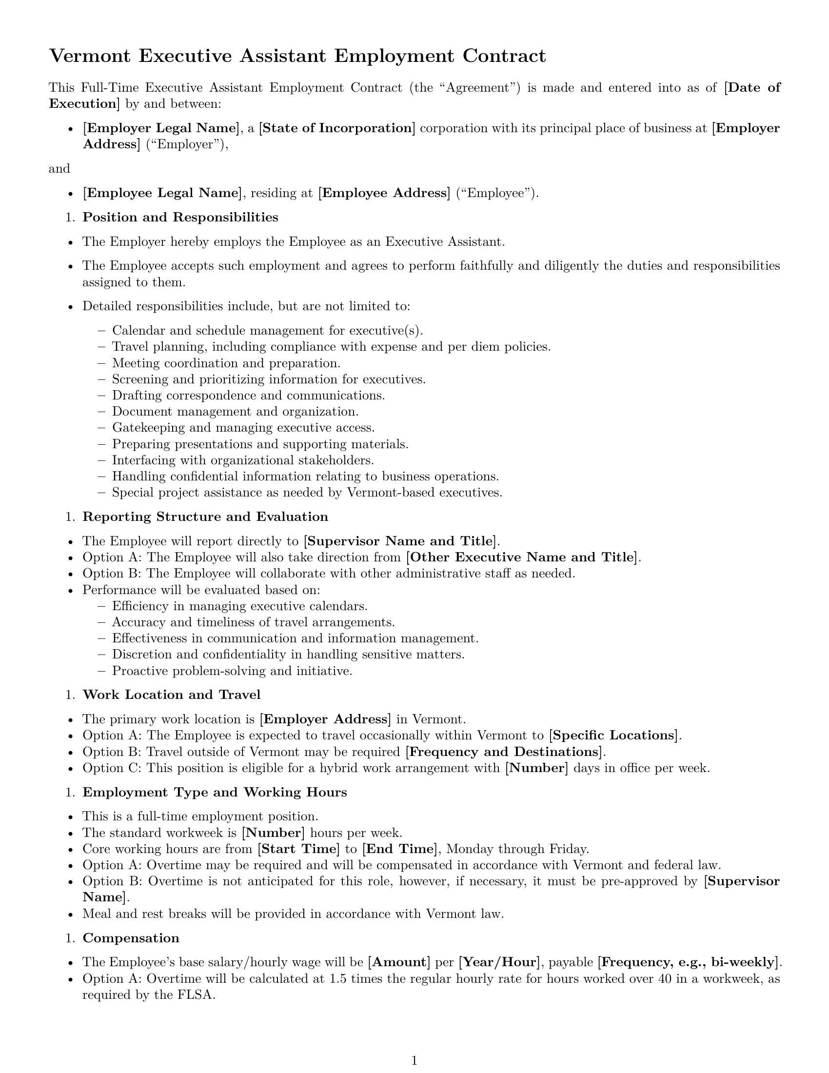 Preview page 1 of Free Vermont executive assistant employment contract template