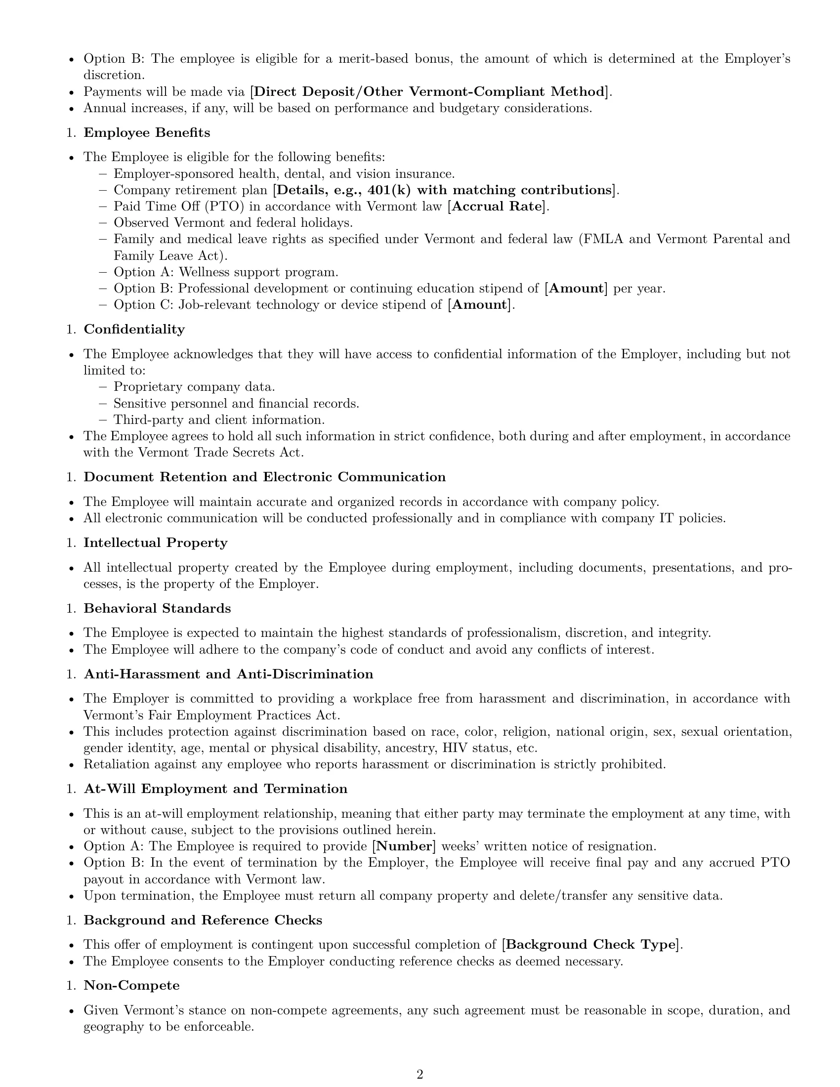 Preview page 2 of Free Vermont executive assistant employment contract template