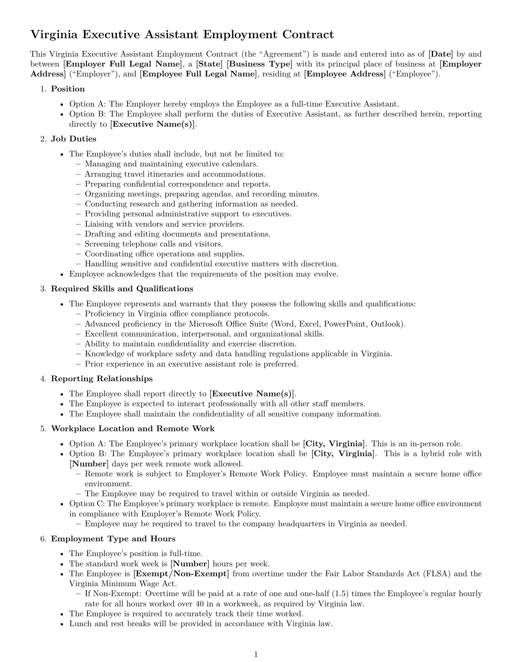 Preview page 1 of Free Virginia executive assistant employment contract template